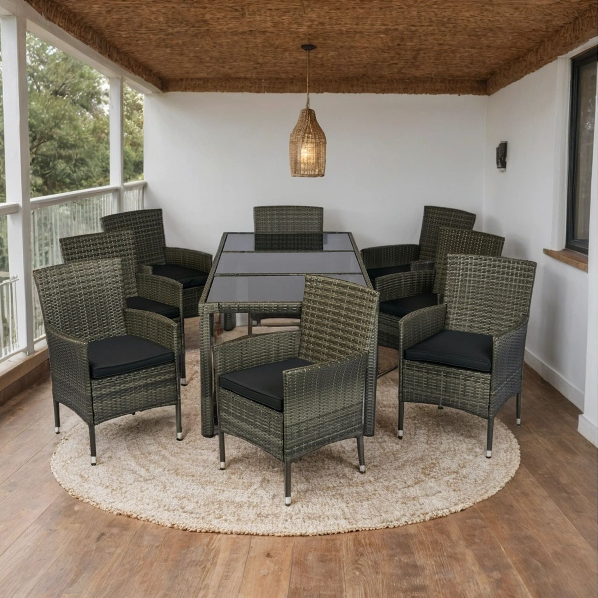9 Piece Outdoor Patio Wicker Dining Set Patio Wicker Furniture Dining Set Glass Top - Gray / Black