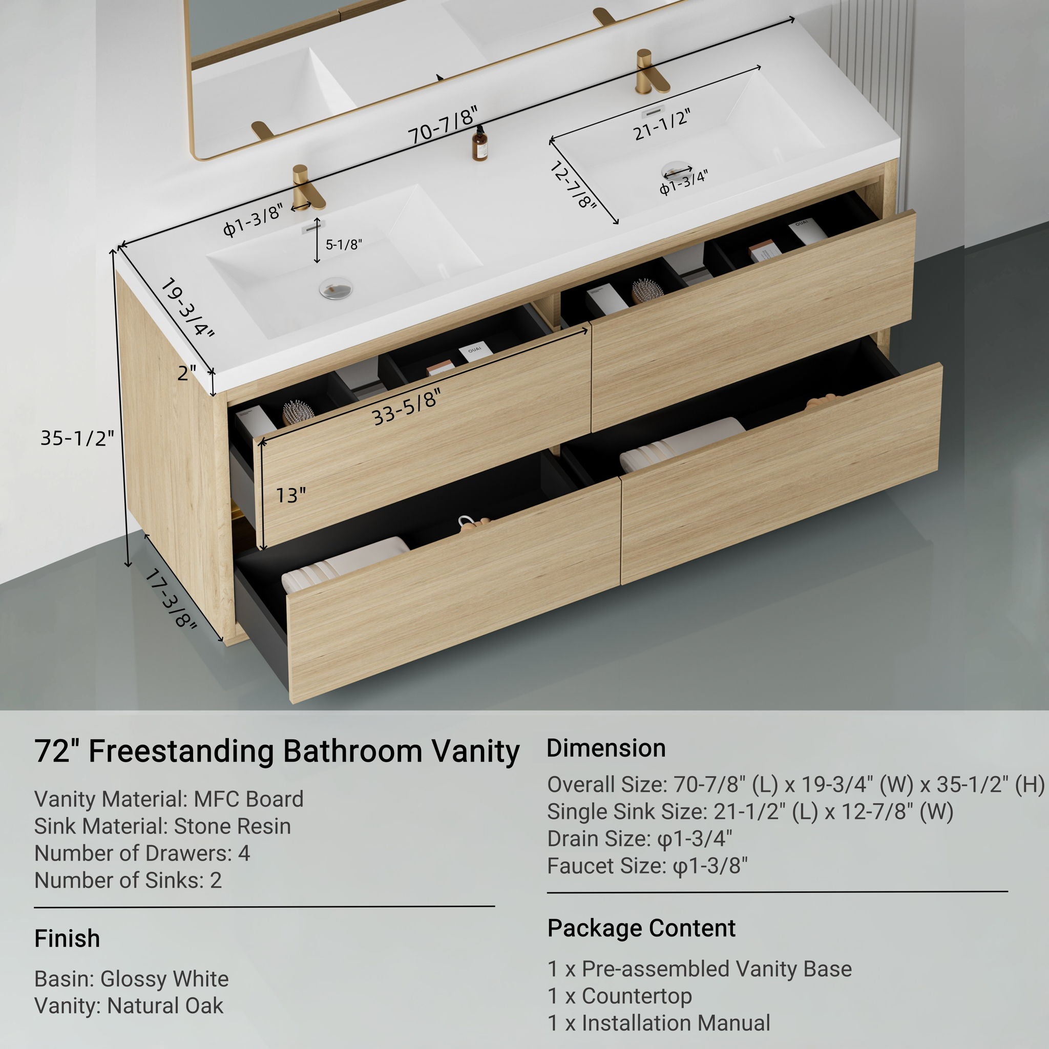 Bathin Freestanding Bathroom Vanity With Double Sinks, Bathroom Storage Vanity Cabinet With Stone Resin Countertop And Soft Close Drawers - Natural Oak