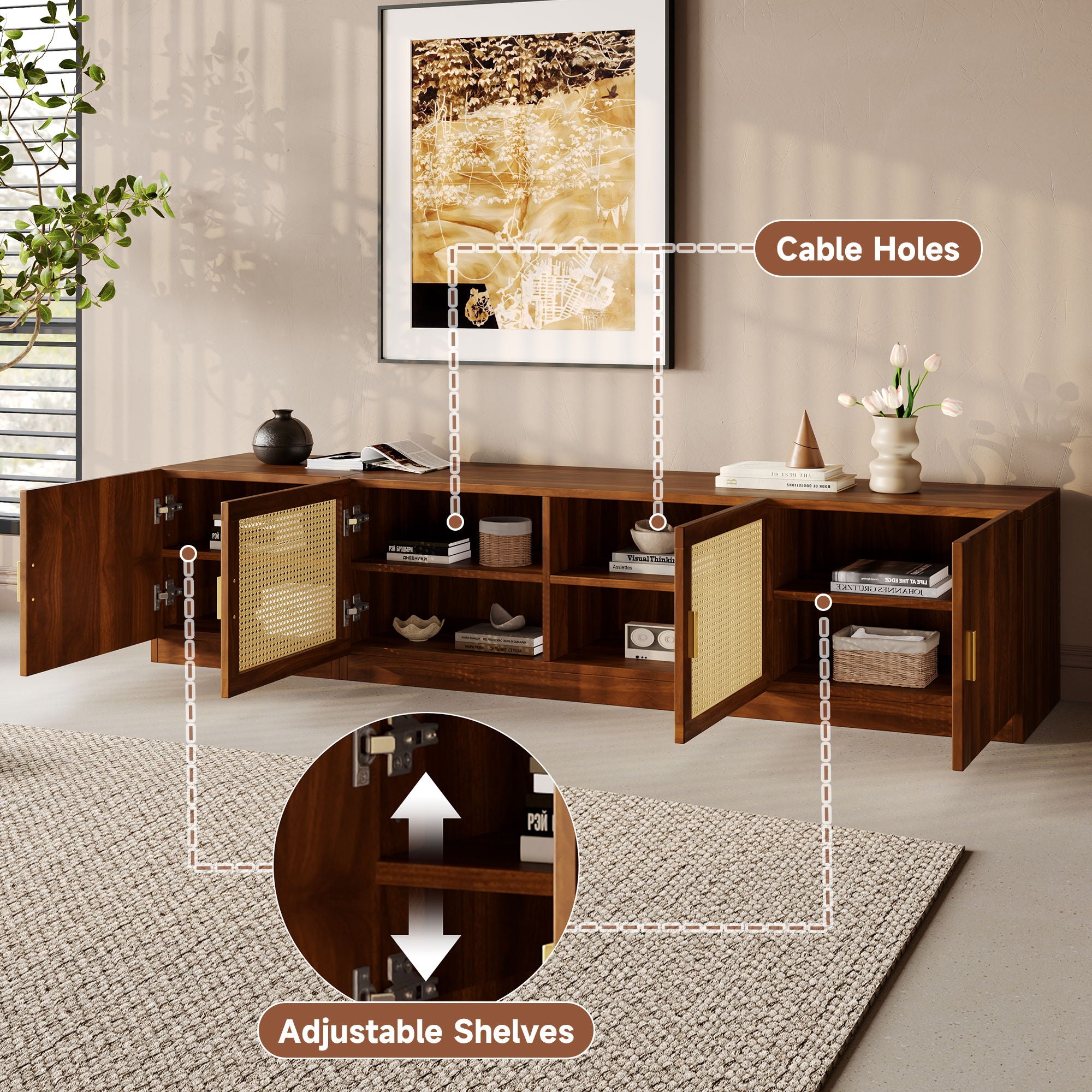 TV Stand, Media Console With Adjustable Shelves - Walnut