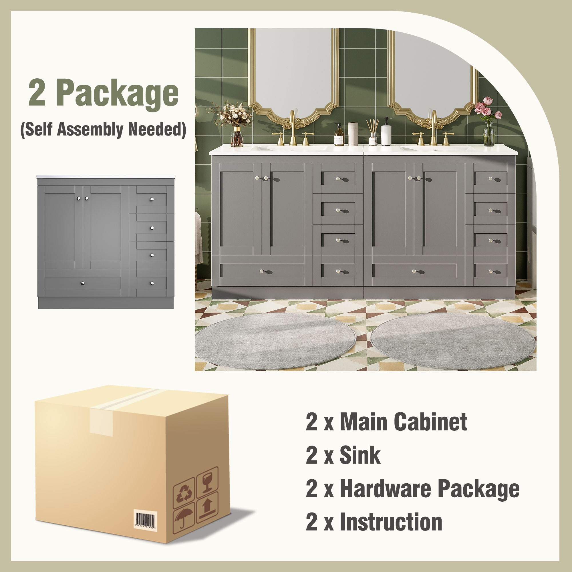 Shaker Free Standing Bathroom Vanity Cabinet With Sink, Soft Close Drawers, Soft Close Doors