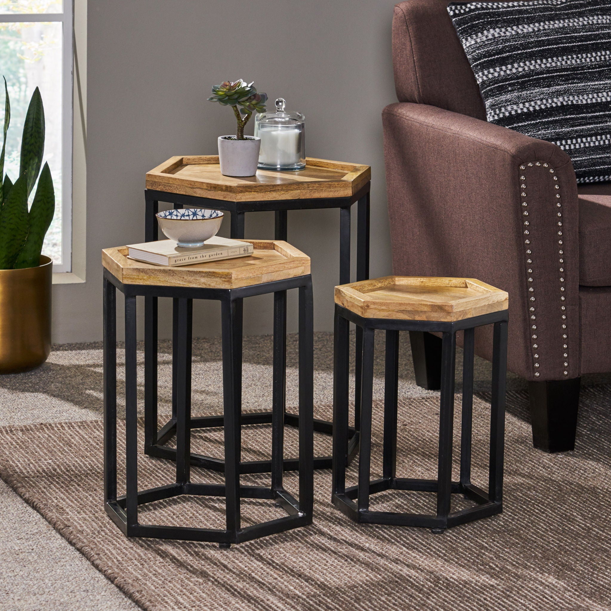 Modern Industrial End Table (Set of 3) - Black / Natural