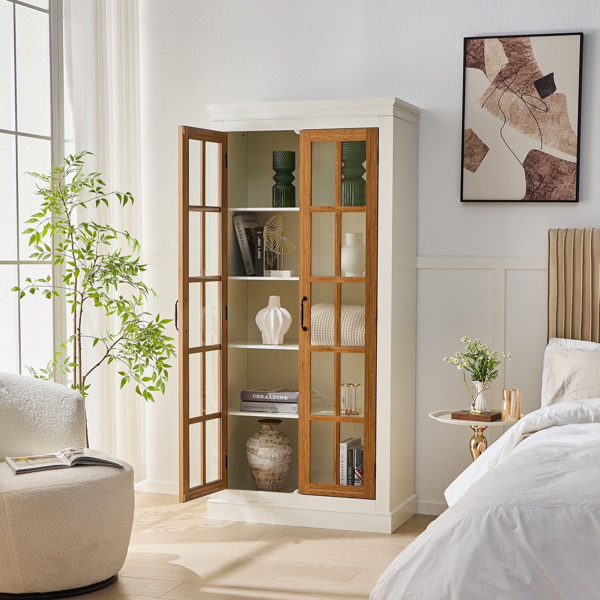 Rustic Style Display Cabinet With Glass Doors For Collectibles