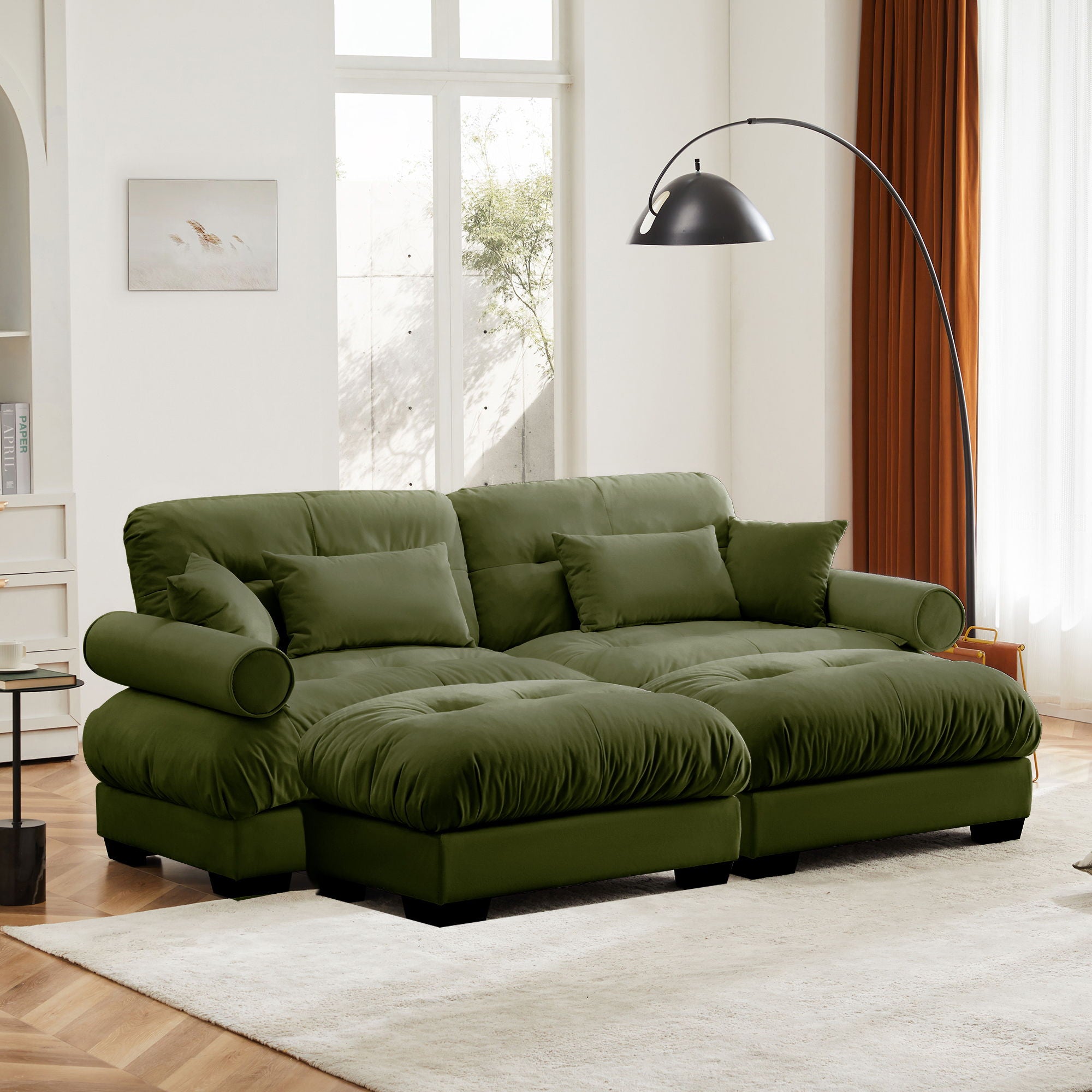 Modern Sectional Sofa With Ottoman, Round Bolster Armrests, Waist And Throw Pillows