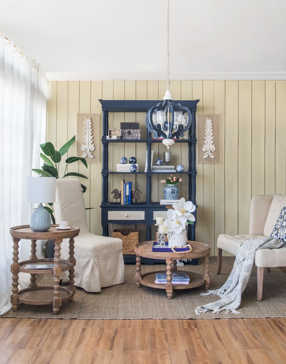 4 Tiered Wooden Shelf With Two Drawers, Farmhouse Wood Bookcase Display Storage Shelf Etageres - Antique Navy Blue