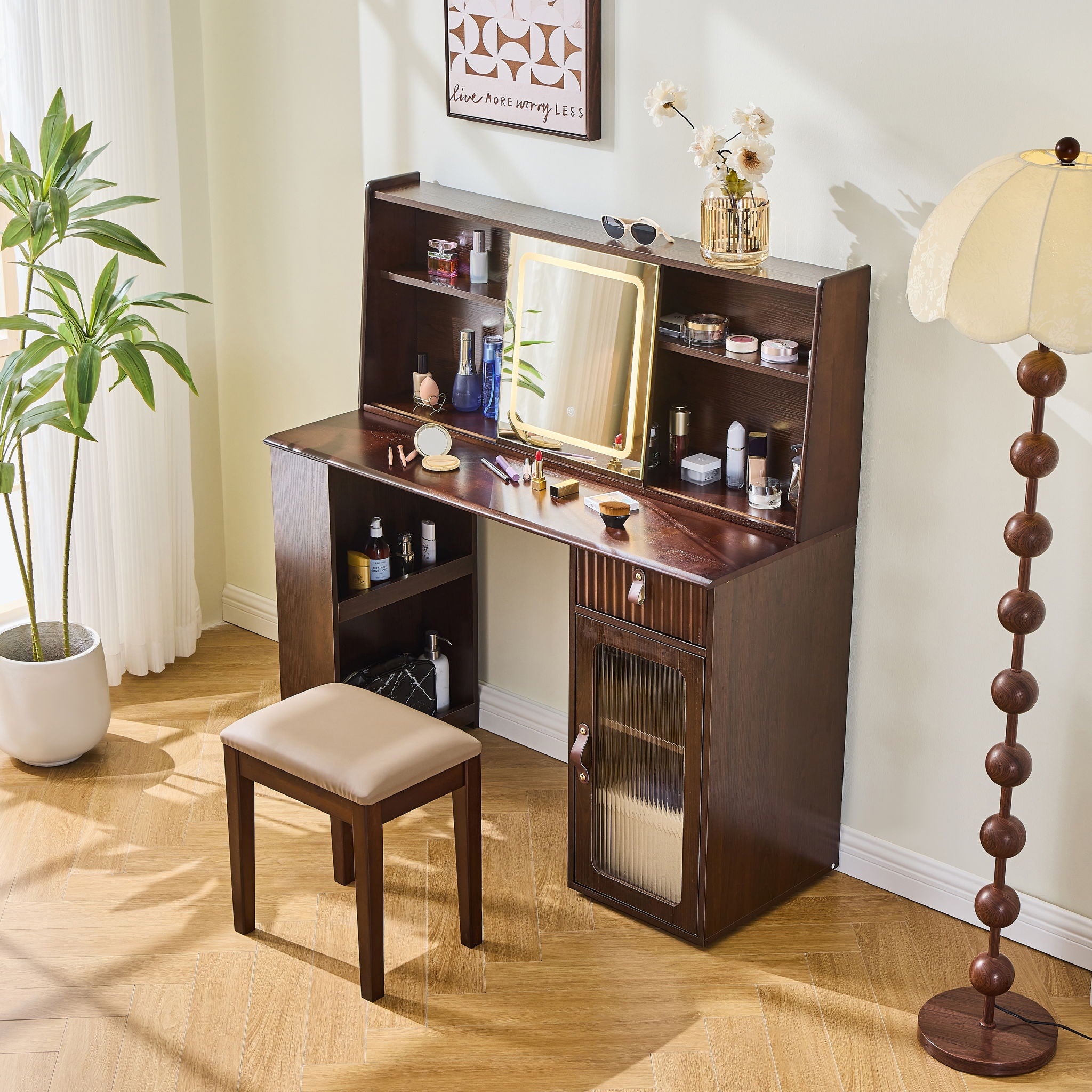 Modern Elegance Makeup Vanity Desk With Adjustable Lighted Mirror Storage Shelves Drawer And Cabinet - Walnut - Best Buy Furniture