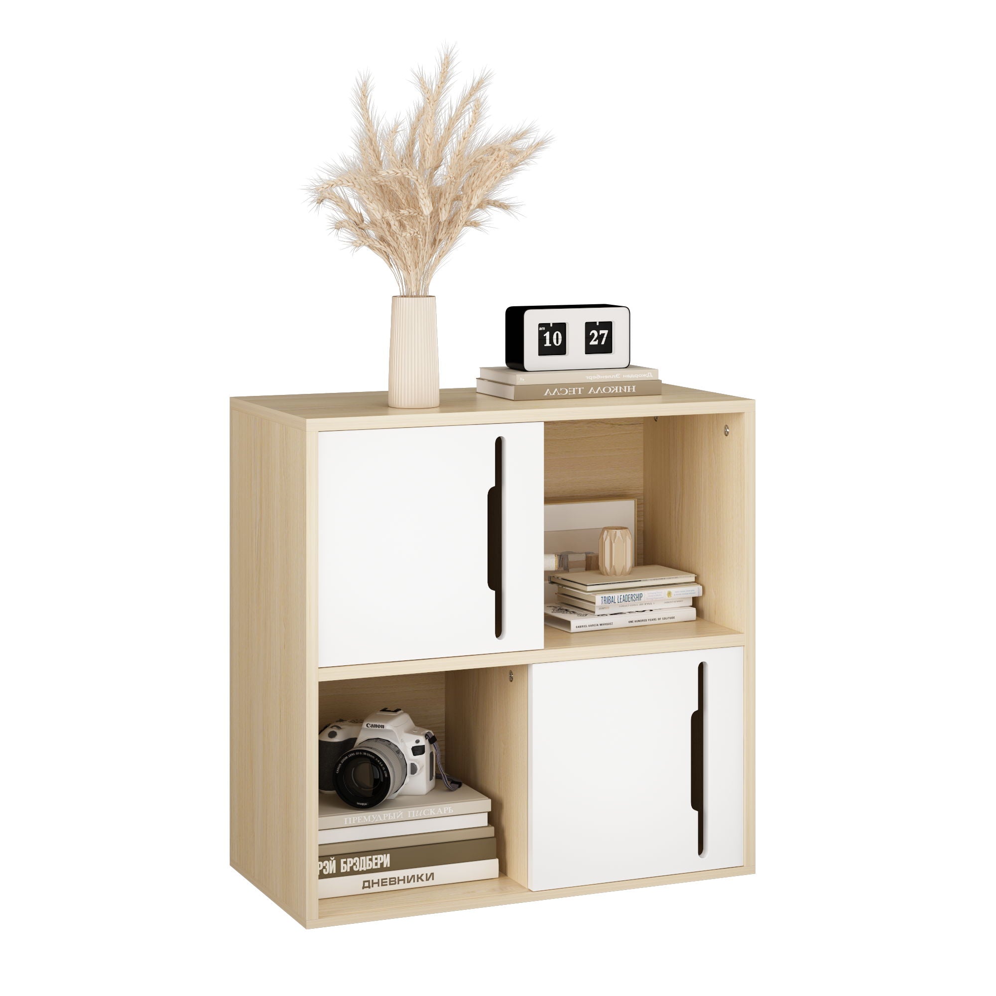 Storage Cabinet With Sliding Doors, 2 Tier Open And Closed Shelves Organizer - Natural / White