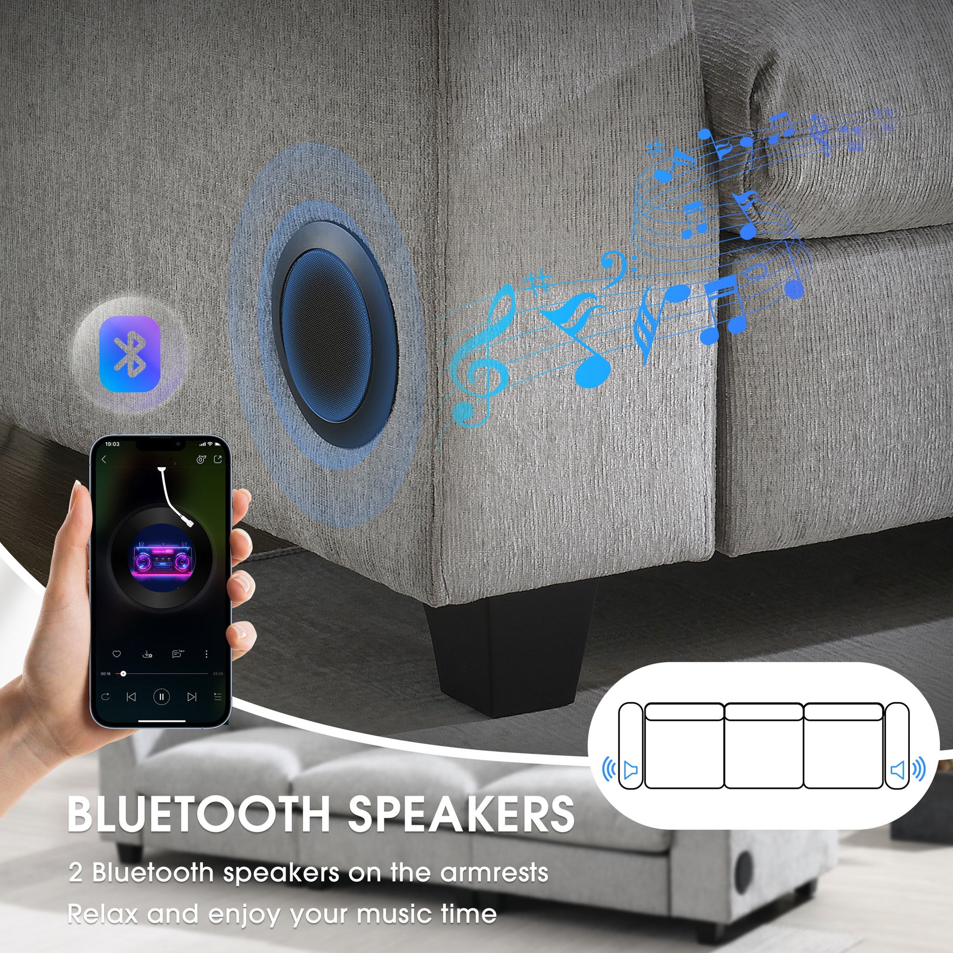 Sectional With Bluetooth Speaker Comfy Cloud Couch Set With Drop Down Table Cup Holders, USB Charger Storage Armrest Wide Seat Sofa - Best Buy Furniture