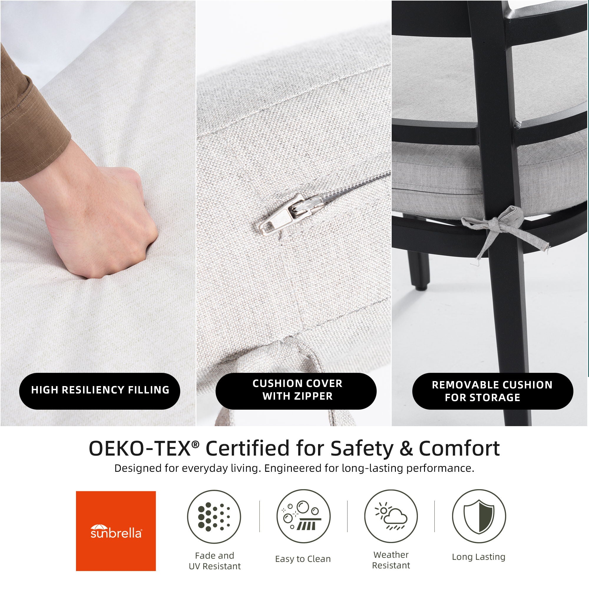 Outdoor Patio Dining Chairs With Outdoor Grade Sunbrella Fabric Cushions, Tapered Feet (Set of 4) - Ember Black