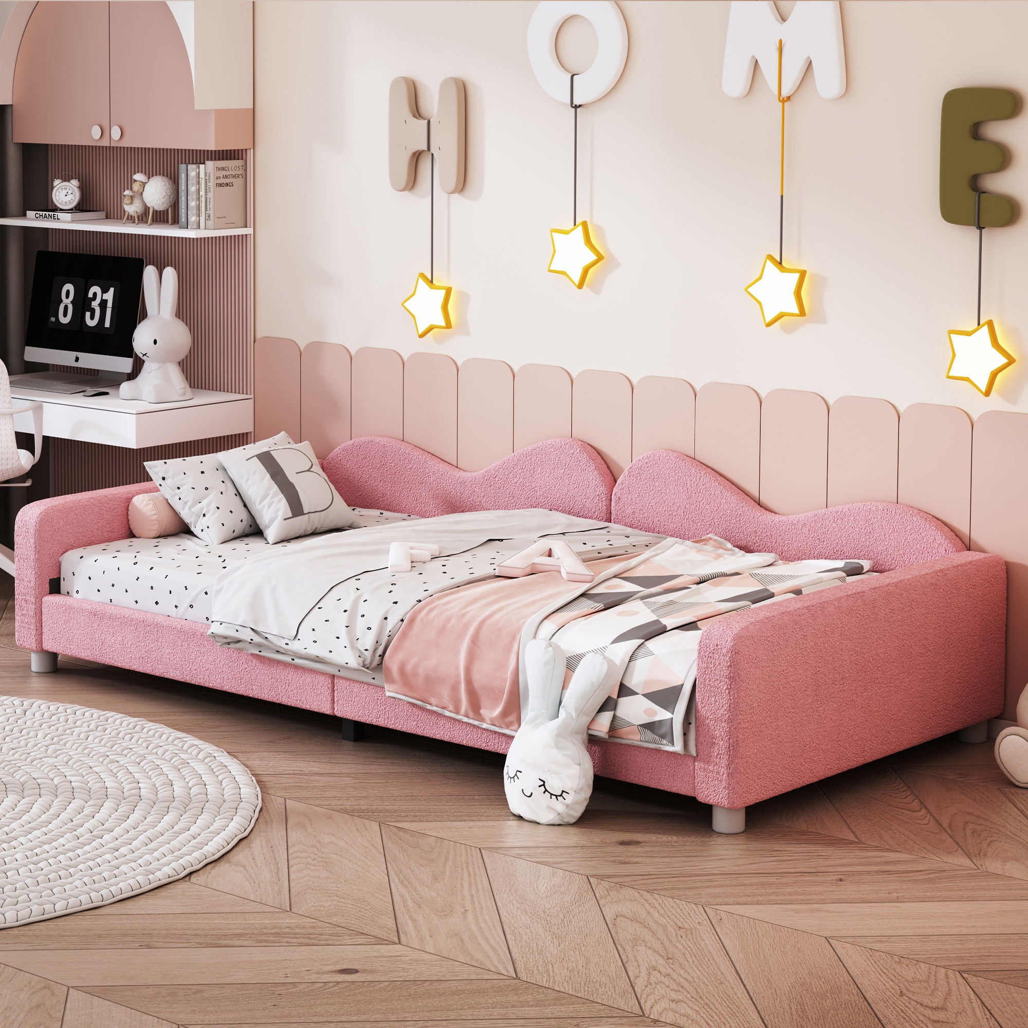 Upholstered Daybed, Sherpa Fabric Sofabed With Cloud-Shaped Backrest