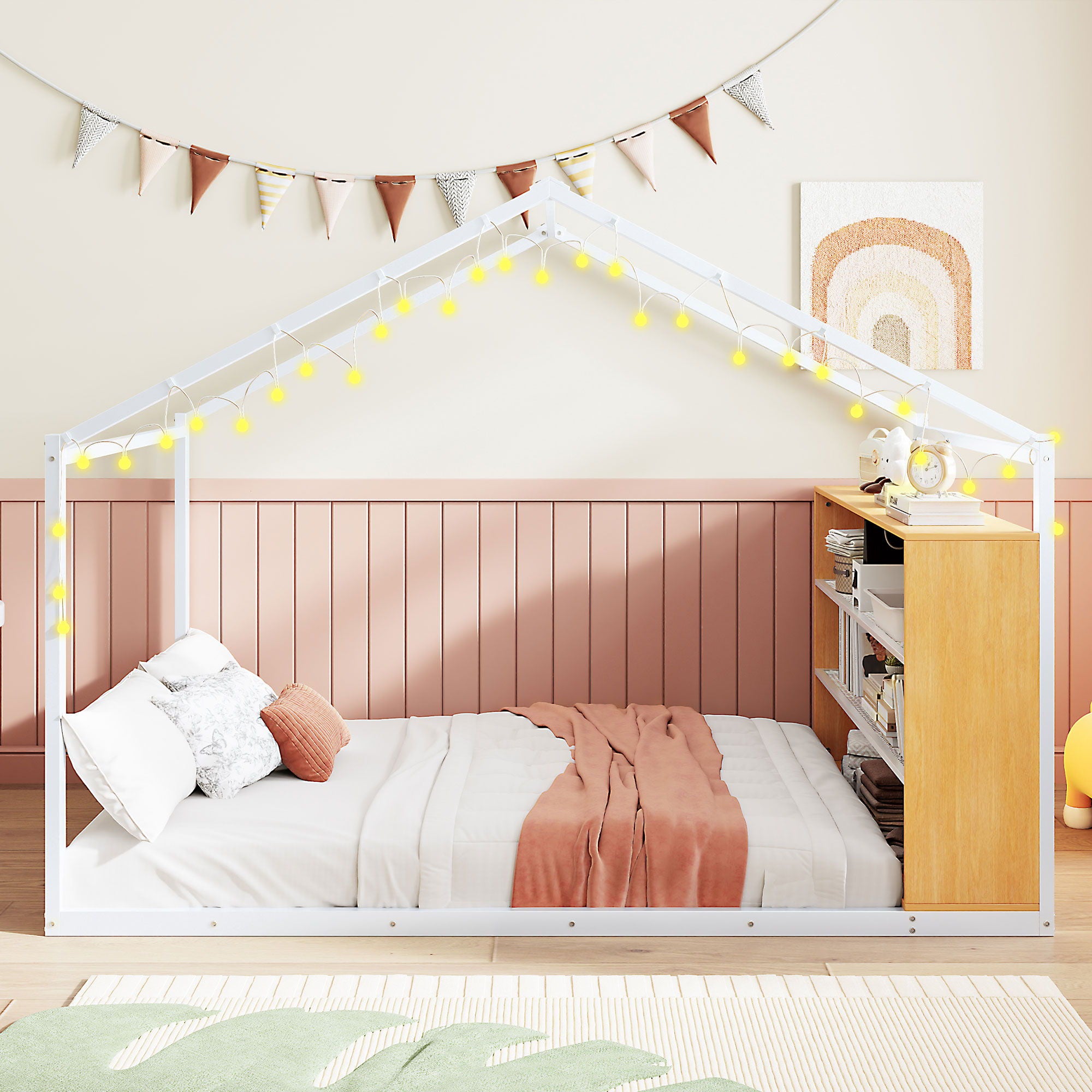 Bed House Frame With Shelves And Lights