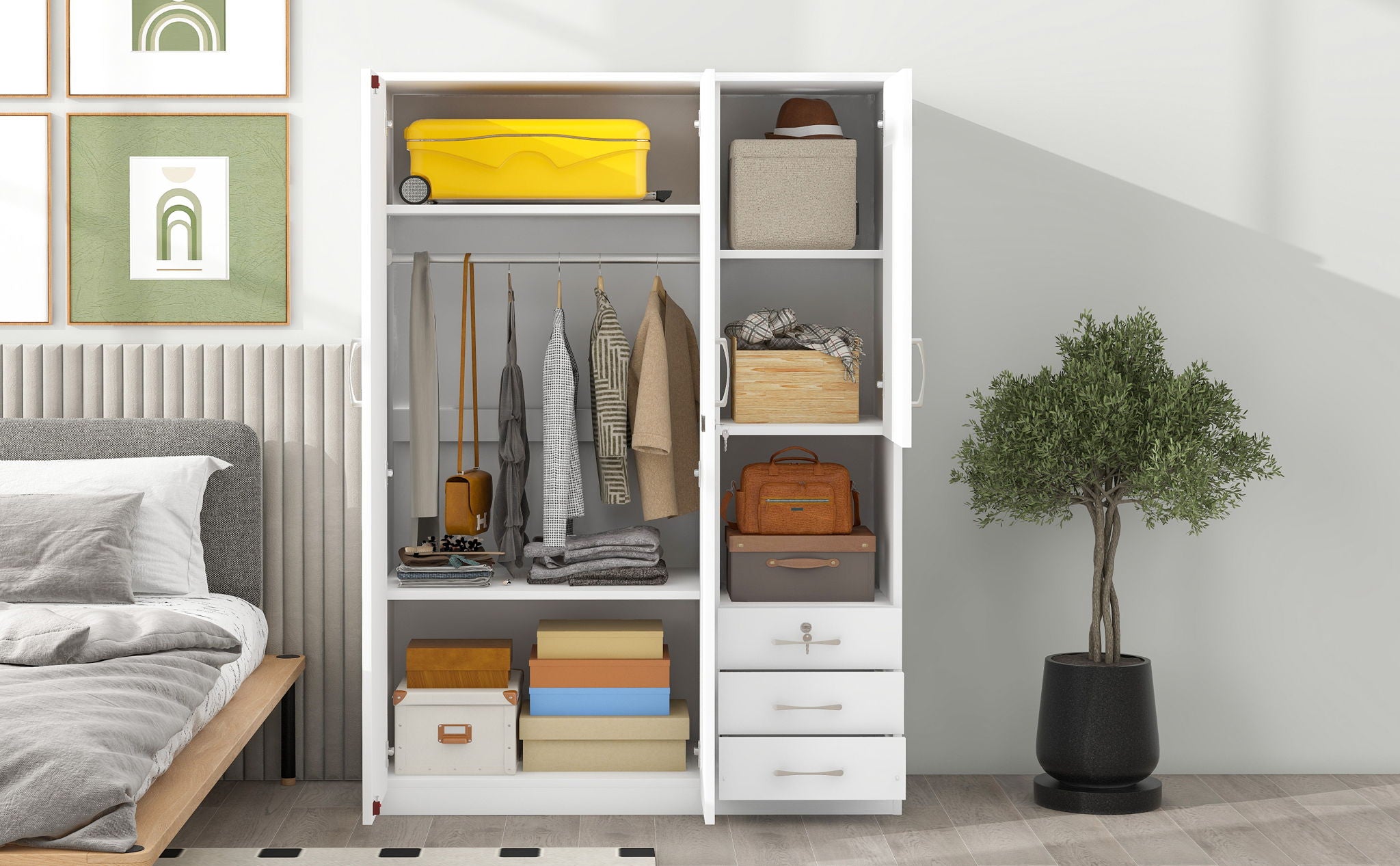 2 Doors Wardrobe Storage For Bedroom With Shelves And 3 Drawers