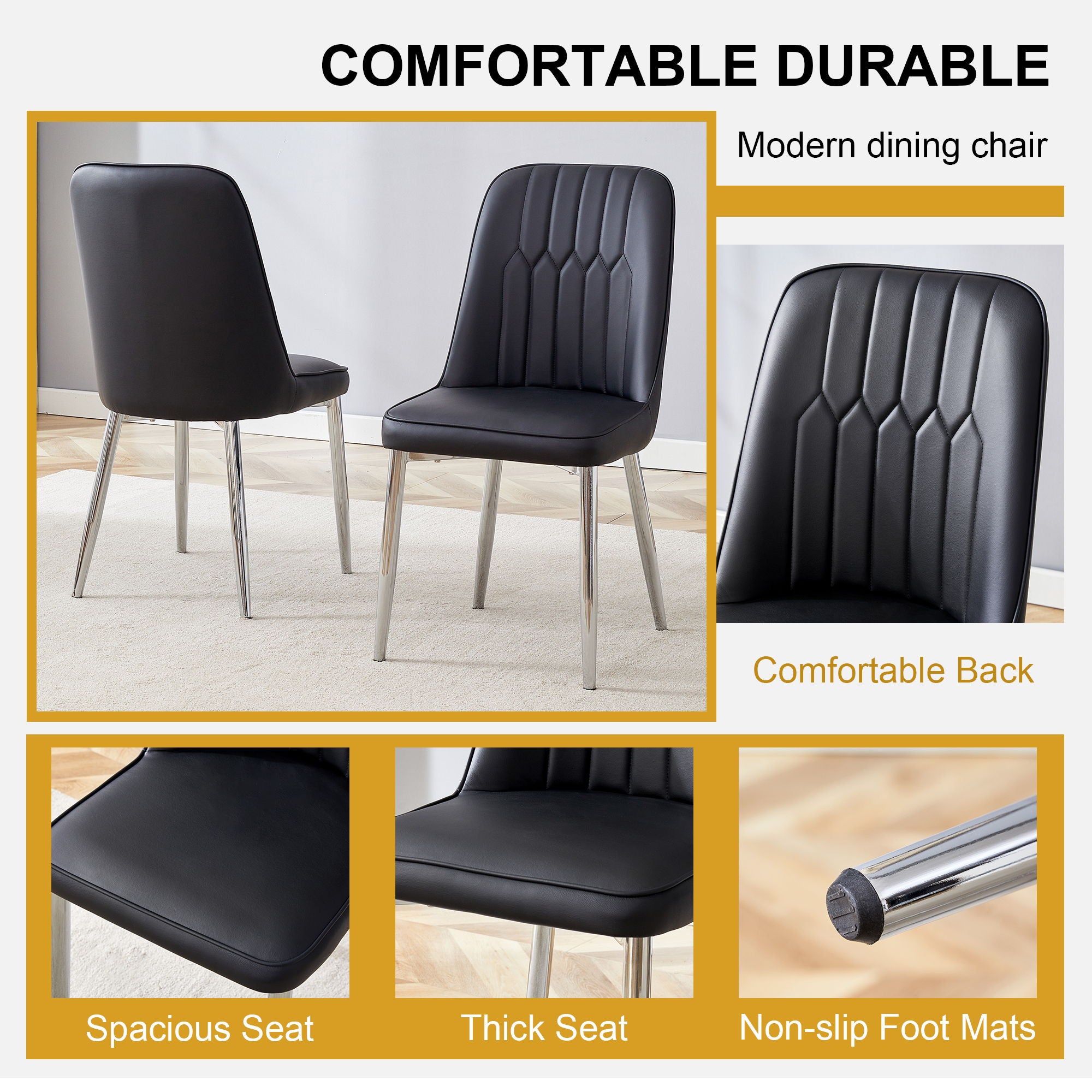 Modern Dining Chairs (Set of 4) With Backrest And Silver Metal Legs For Home And Office - Black