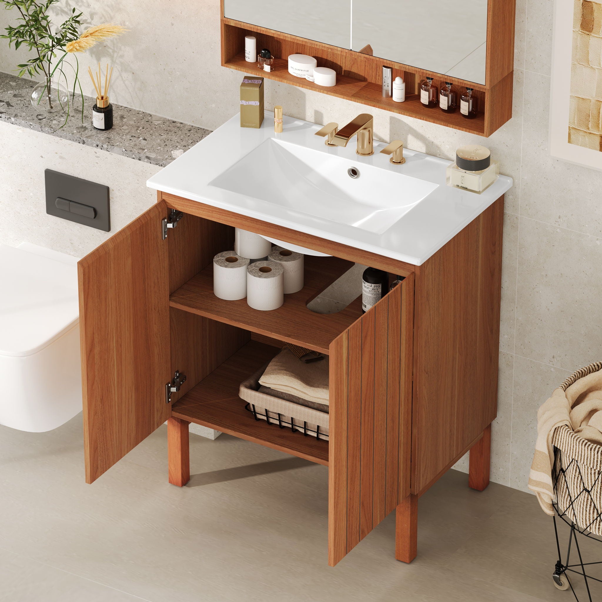Bathroom Vanity With Sink, Minimalist Design, 45 Degrees Free Handle Doors - Antique Natural