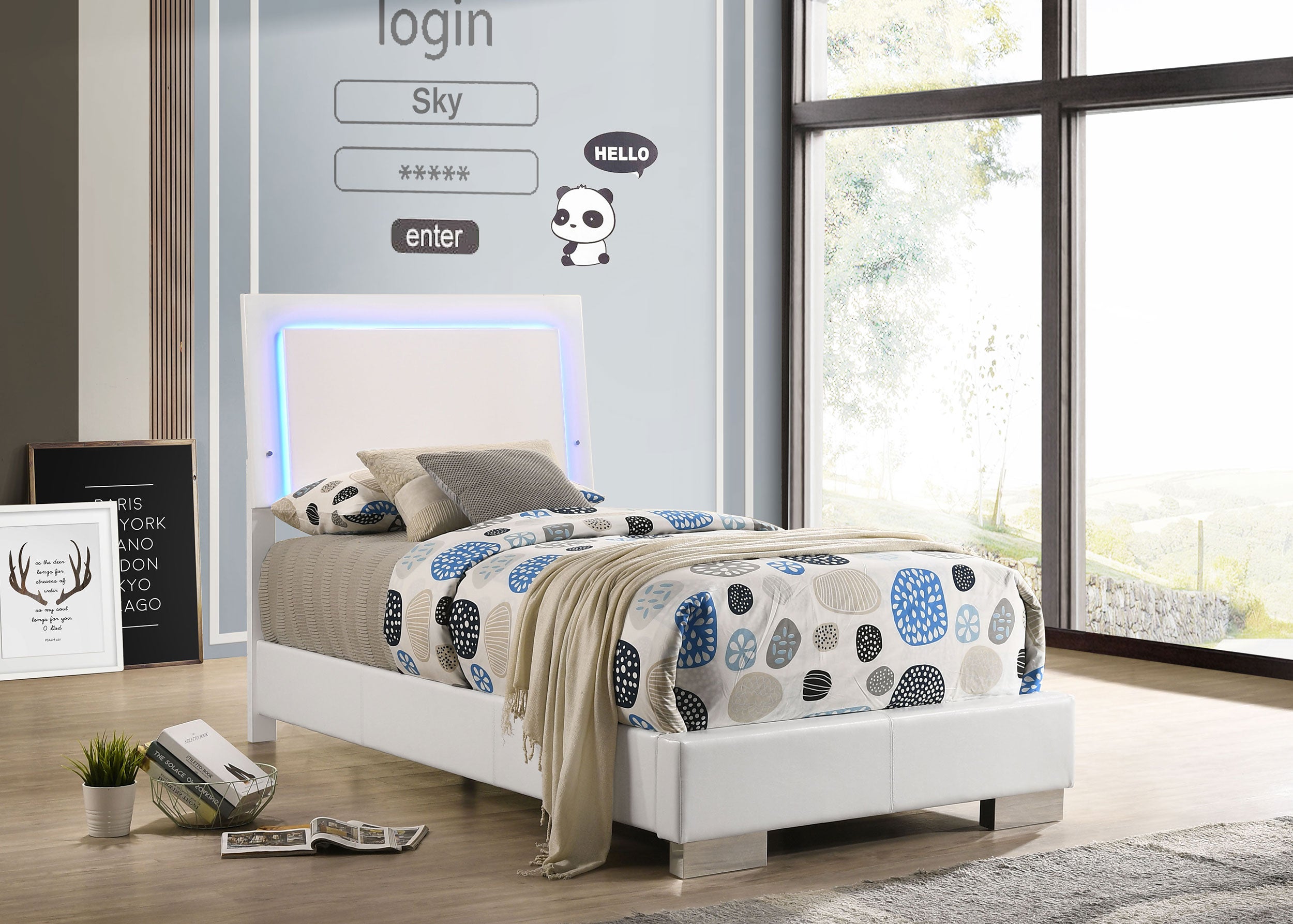 Felicity Wood Twin LED Panel Bed White High Gloss-CoasterEssence