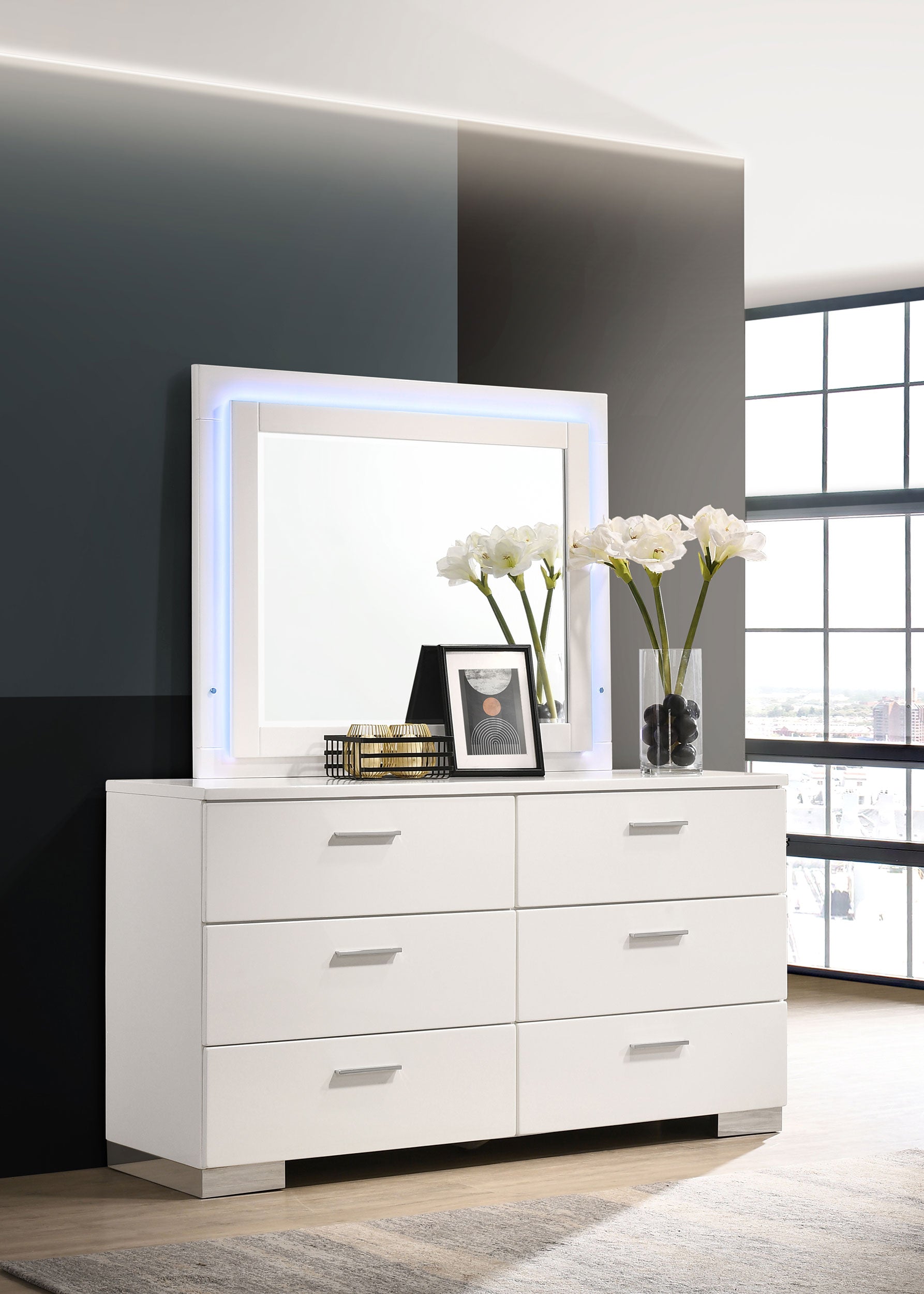 Felicity 6-drawer Dresser with LED Mirror White High Gloss-CoasterEssence