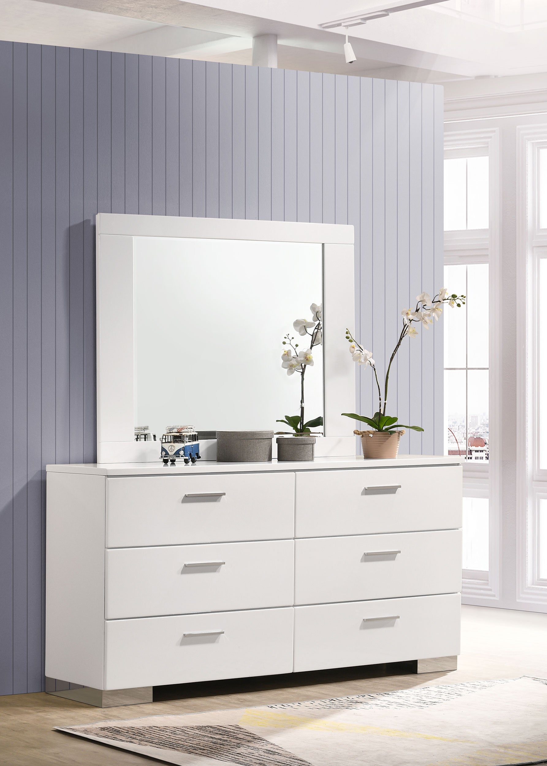Felicity 6-drawer Wood Dresser with Mirror White High Gloss-CoasterEssence