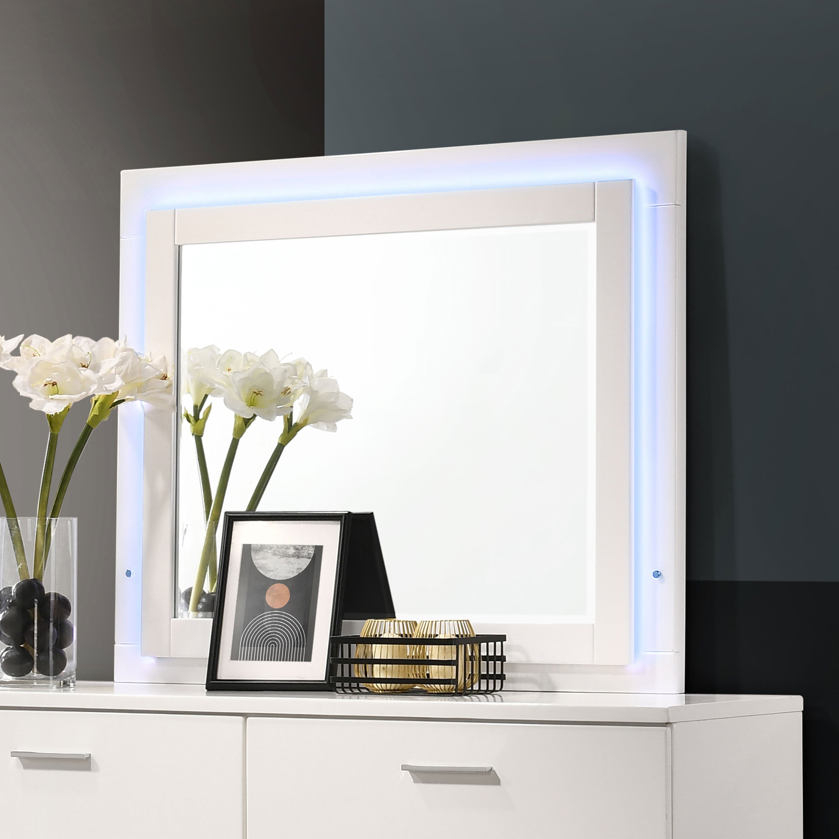 Felicity Wood LED Dresser Mirror White High Gloss-CoasterEssence