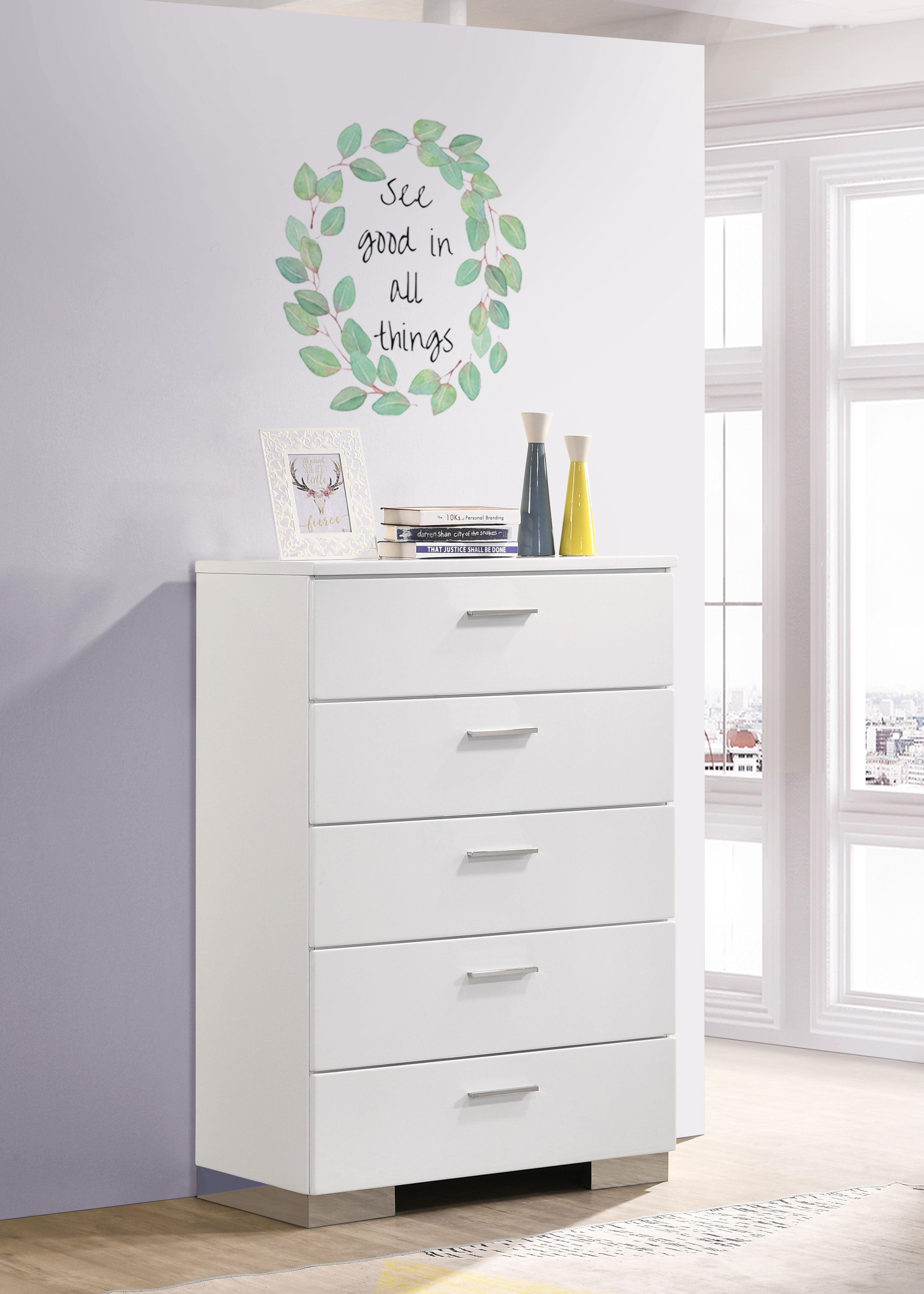 Felicity 5-drawer Bedroom Chest White High Gloss-CoasterEssence