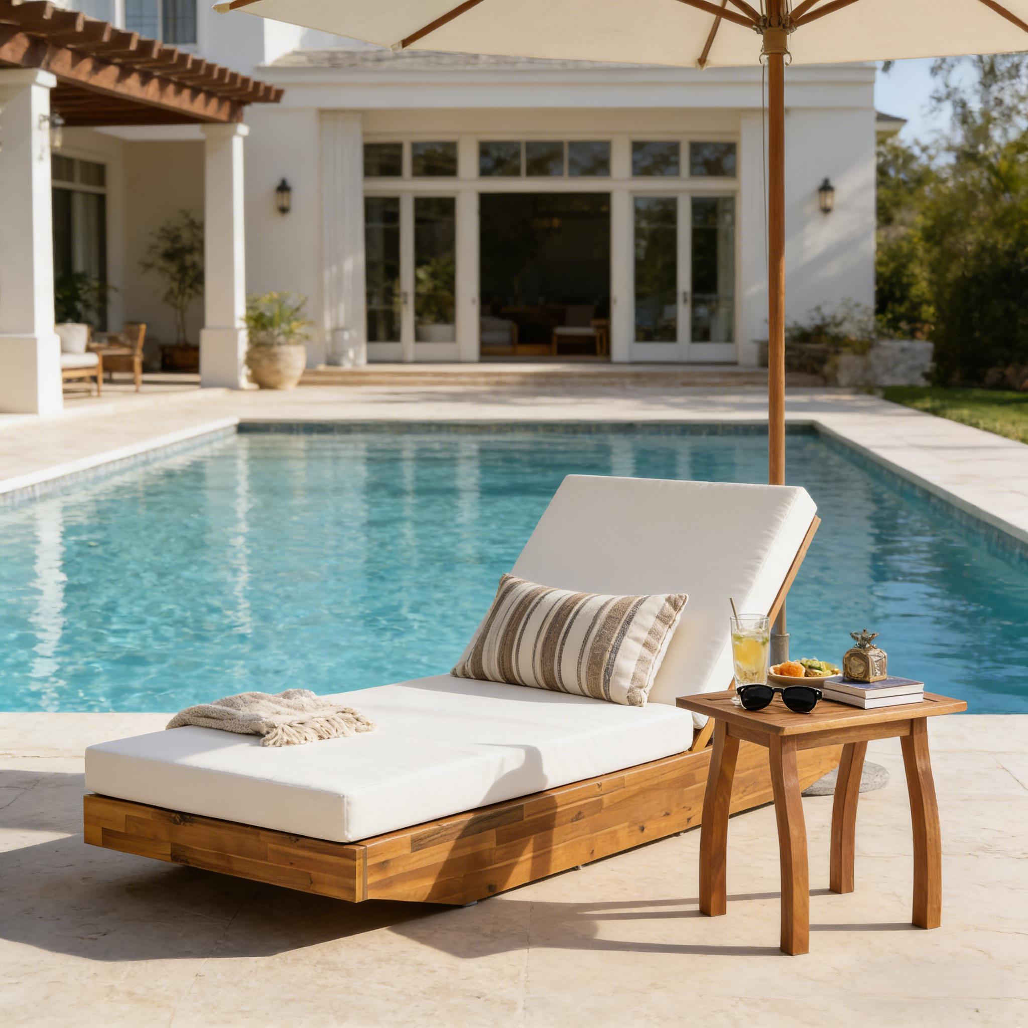 Acacia Wood Chaise Lounge with Cushion - Teak Finish