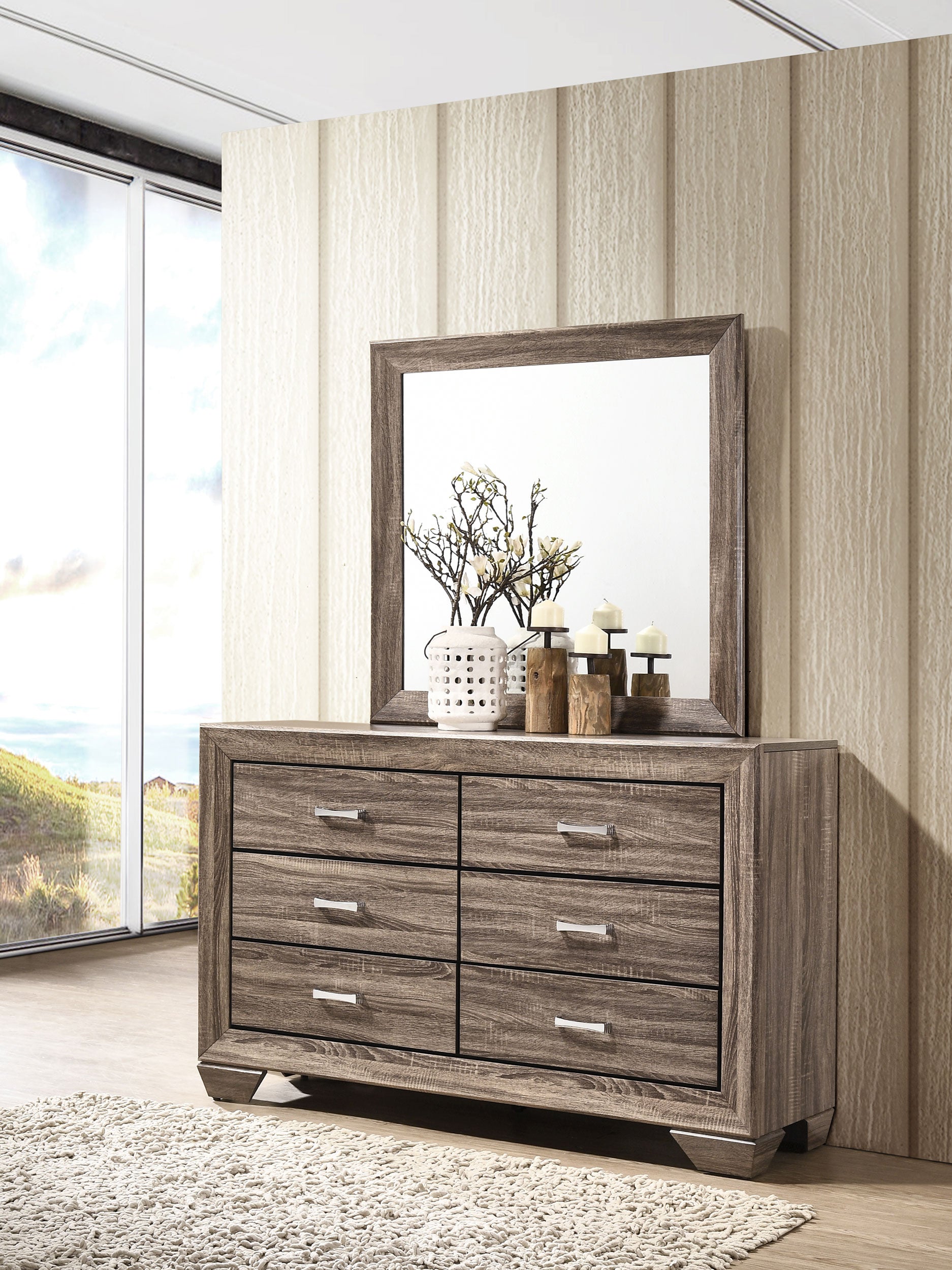 Kauffman 6-drawer Dresser with Mirror Washed Taupe-CoasterEveryday