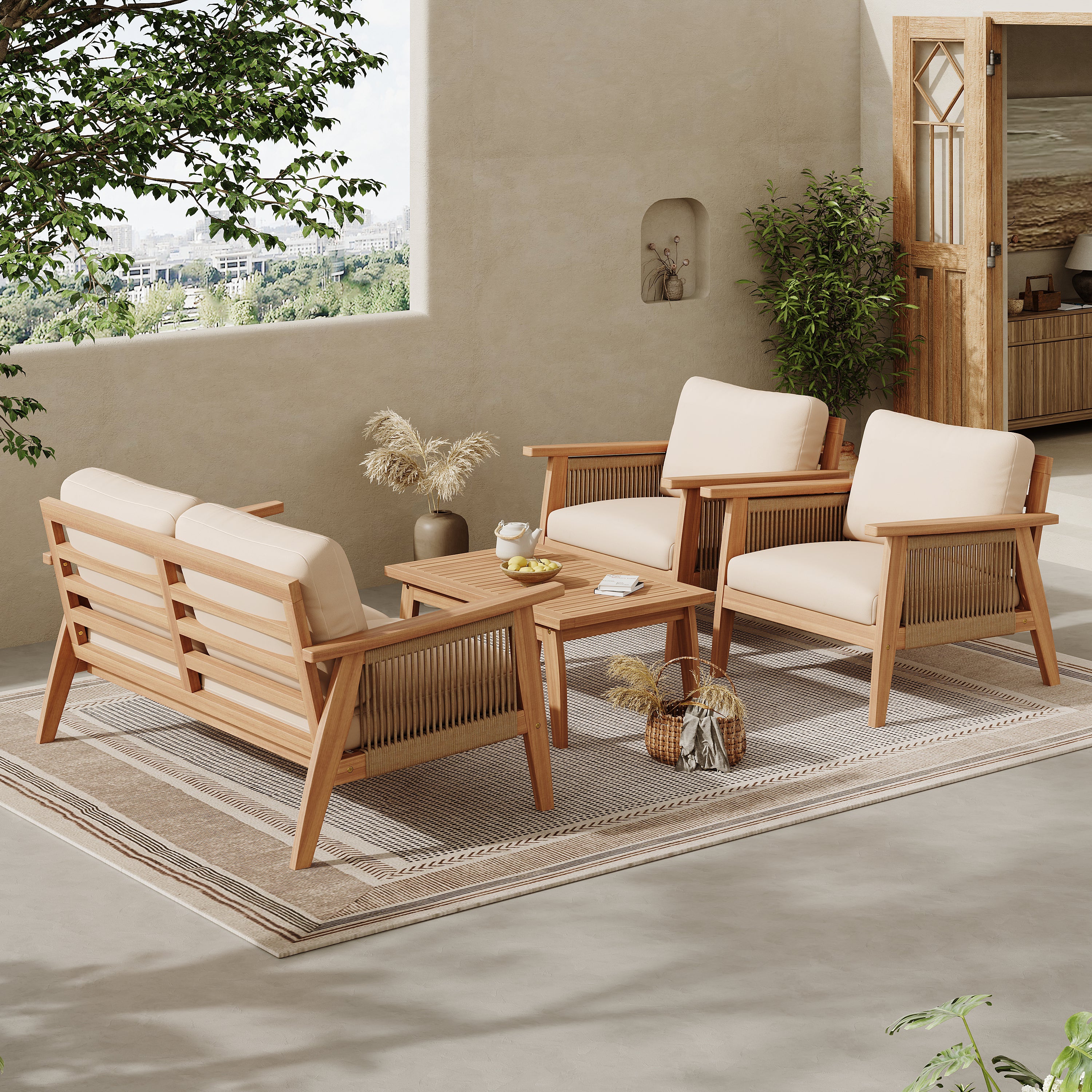 Outdoor 4-piece Acacia Wood and Rope Sectional Patio Sofa Set