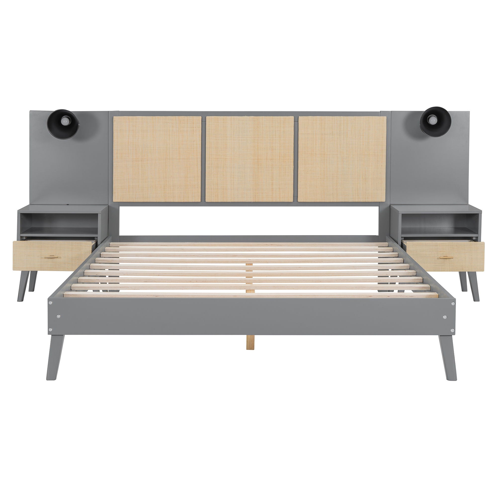 Bed Frame With 2 Nightstands Elegant Design With Lamps