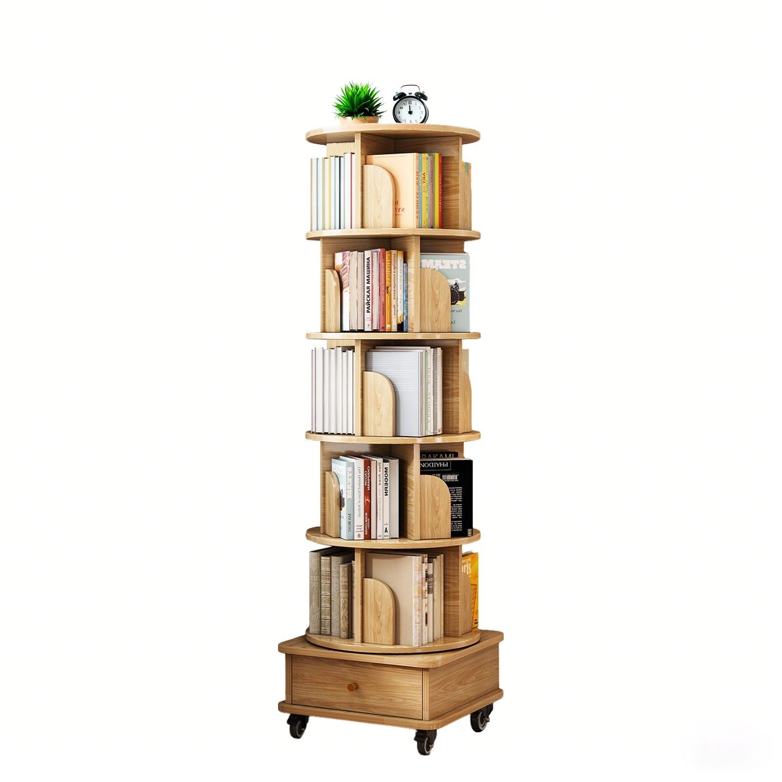 6 Tier Rotating Bookshelf With Wheels And Drawer, 360° Spinning Design, Space Saving Storage, For Home - Wood