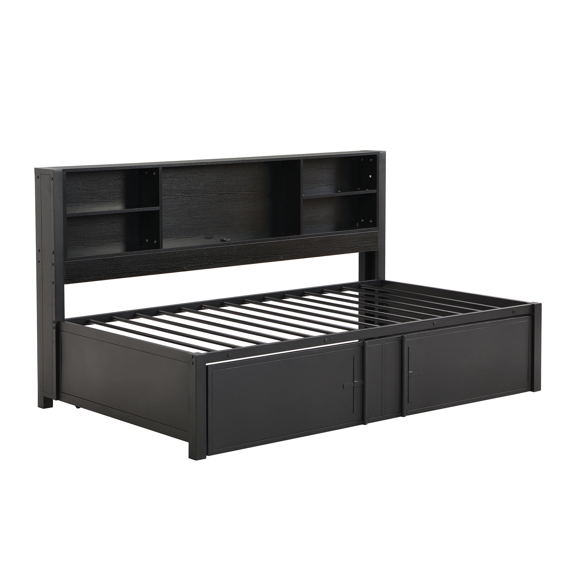 Industrial Metal Daybed With Trundle, Storage Shelves, USB Ports