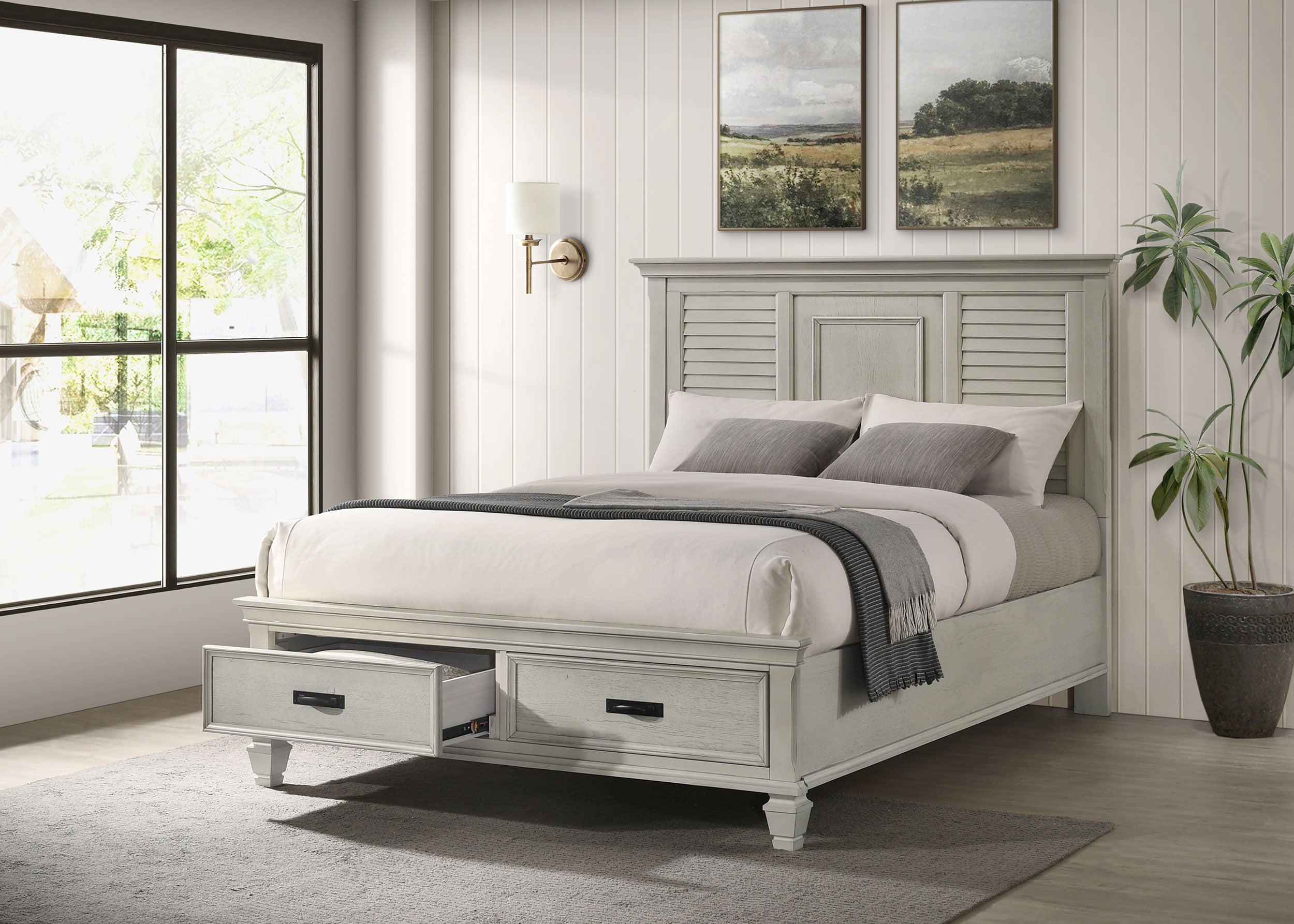 Franco Wood Queen Storage Panel Bed Distressed White-CoasterEssence