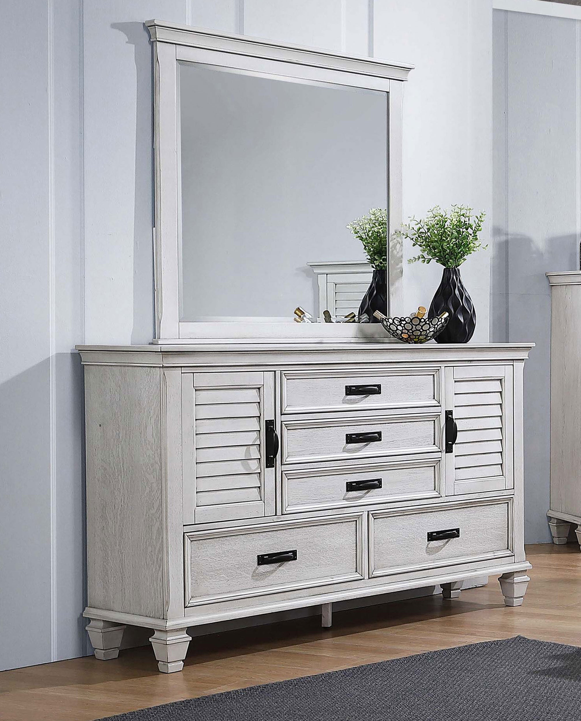 Franco 5-drawer Dresser with Mirror Distressed White-CoasterEssence