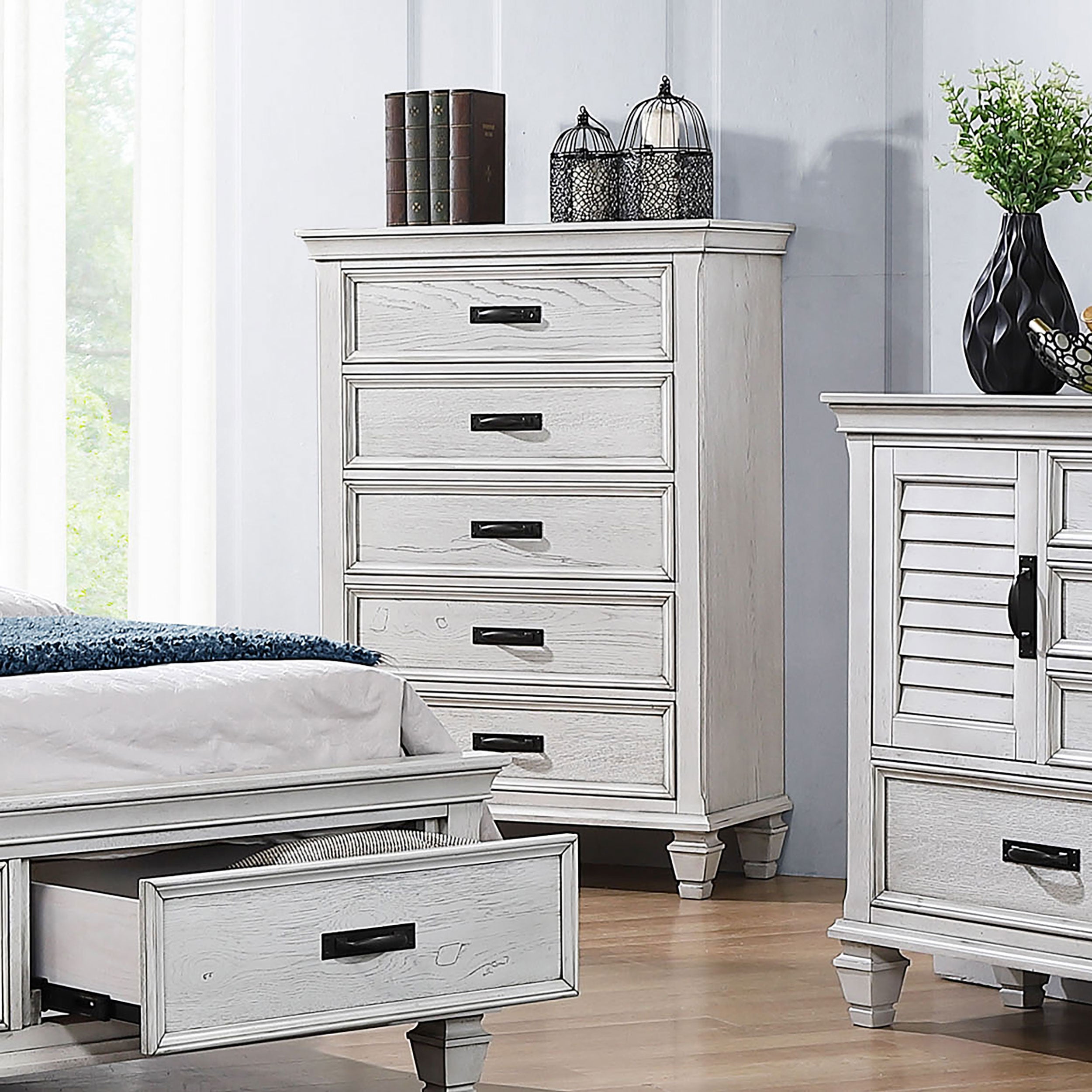 Franco 5-drawer Bedroom Chest Distressed White-CoasterEssence