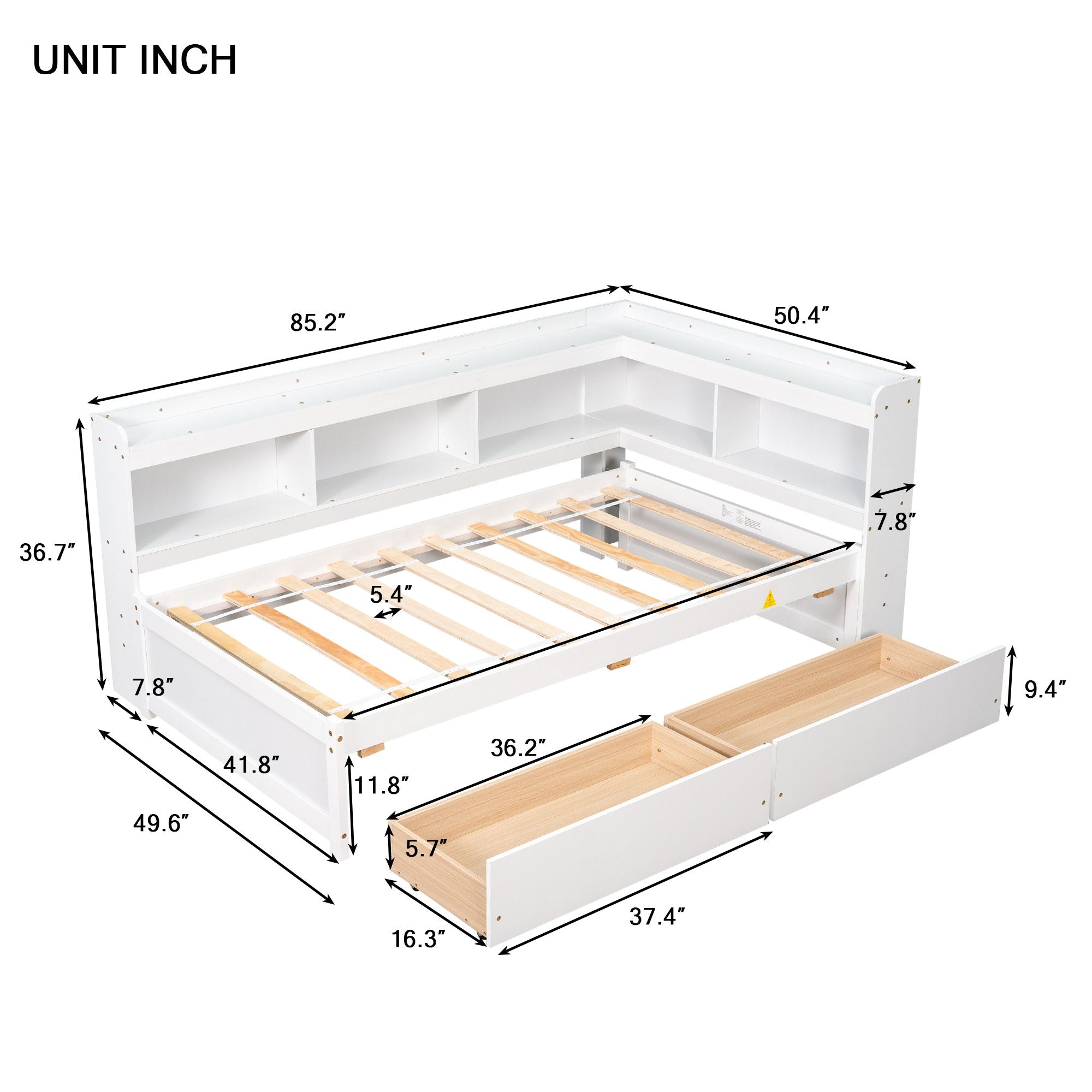 Twin Bed With L-Shaped Bookcases, Drawers