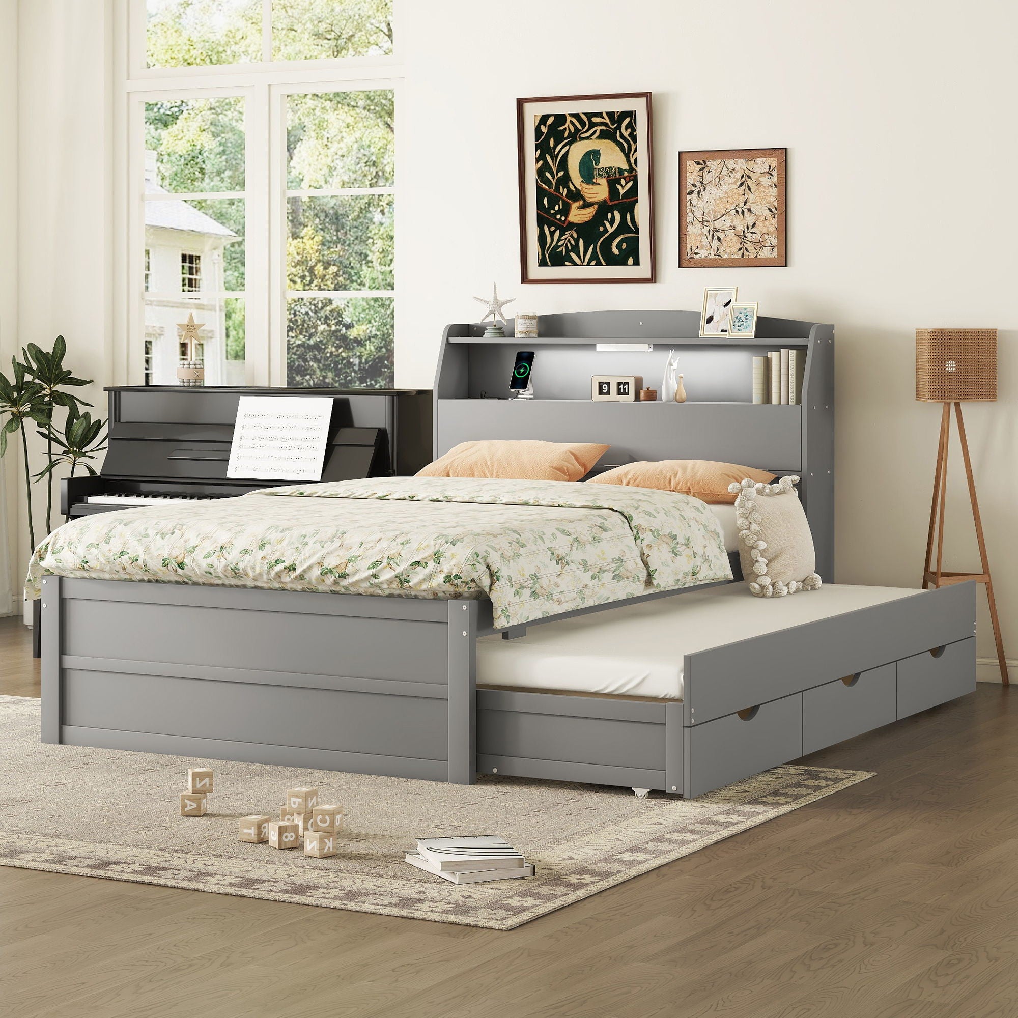 LED Platform Bed With Trundle With Storage Headboard With Drawers
