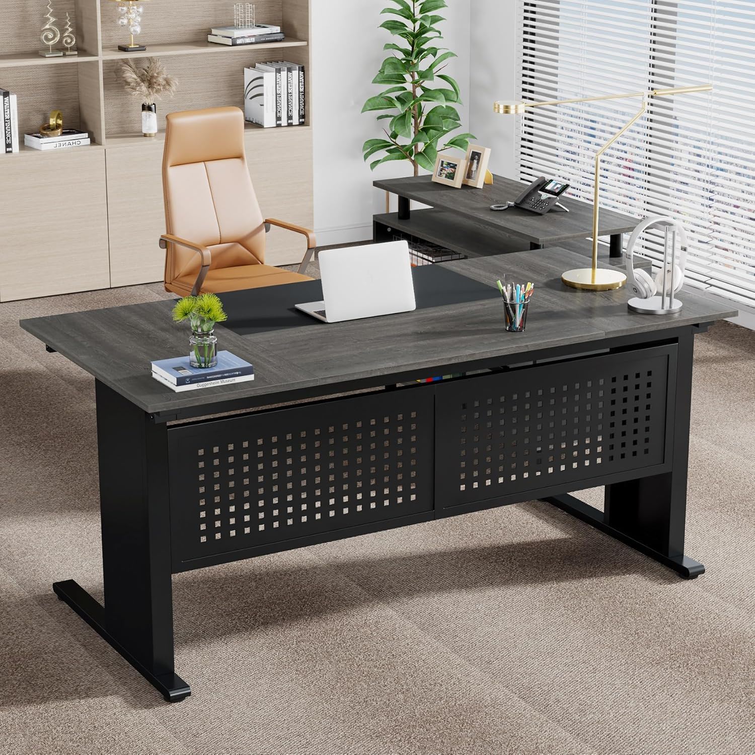 L-Shaped Executive Desk With File Cabinet , Office Workstation With Drawers, Shelves & Storage