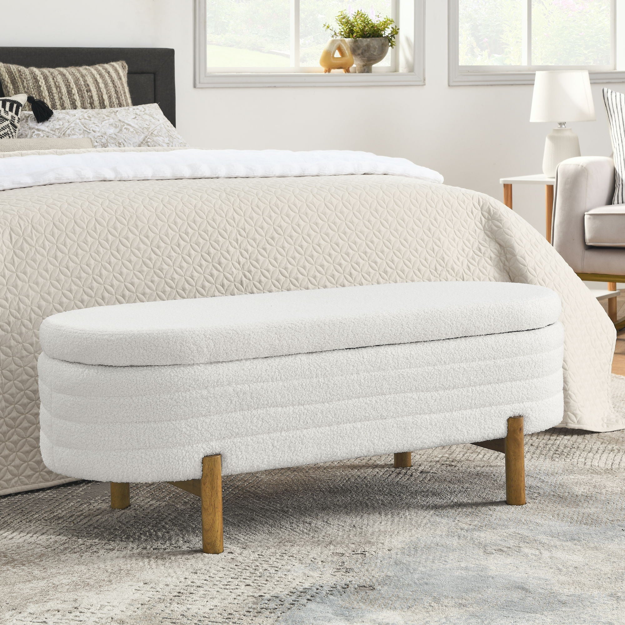 Oval Ottoman Storage Bench With Rubber Wood Legs