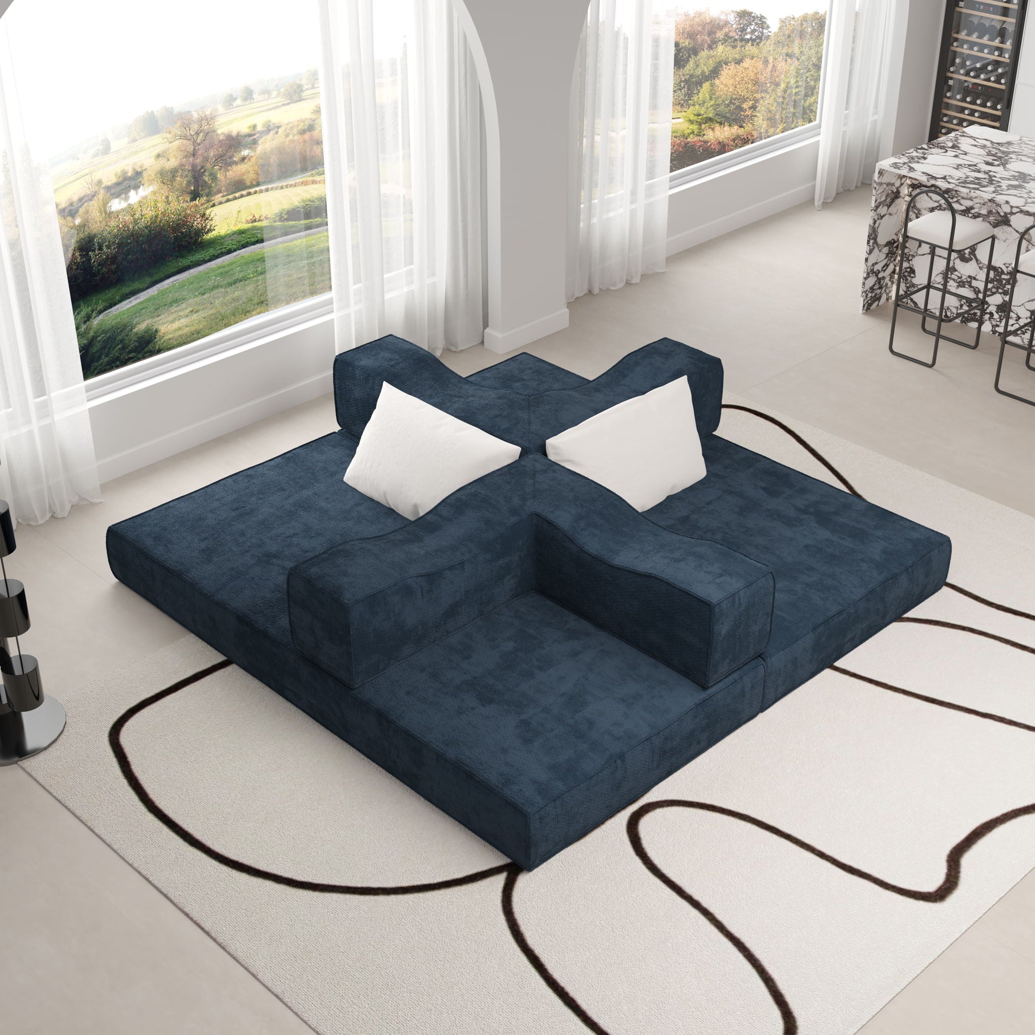 Convertible Couch Bed With 2 Pillows, 3 Seat Folding Floor Couch & King Size Bed Mattress, Diy Combination - Blue
