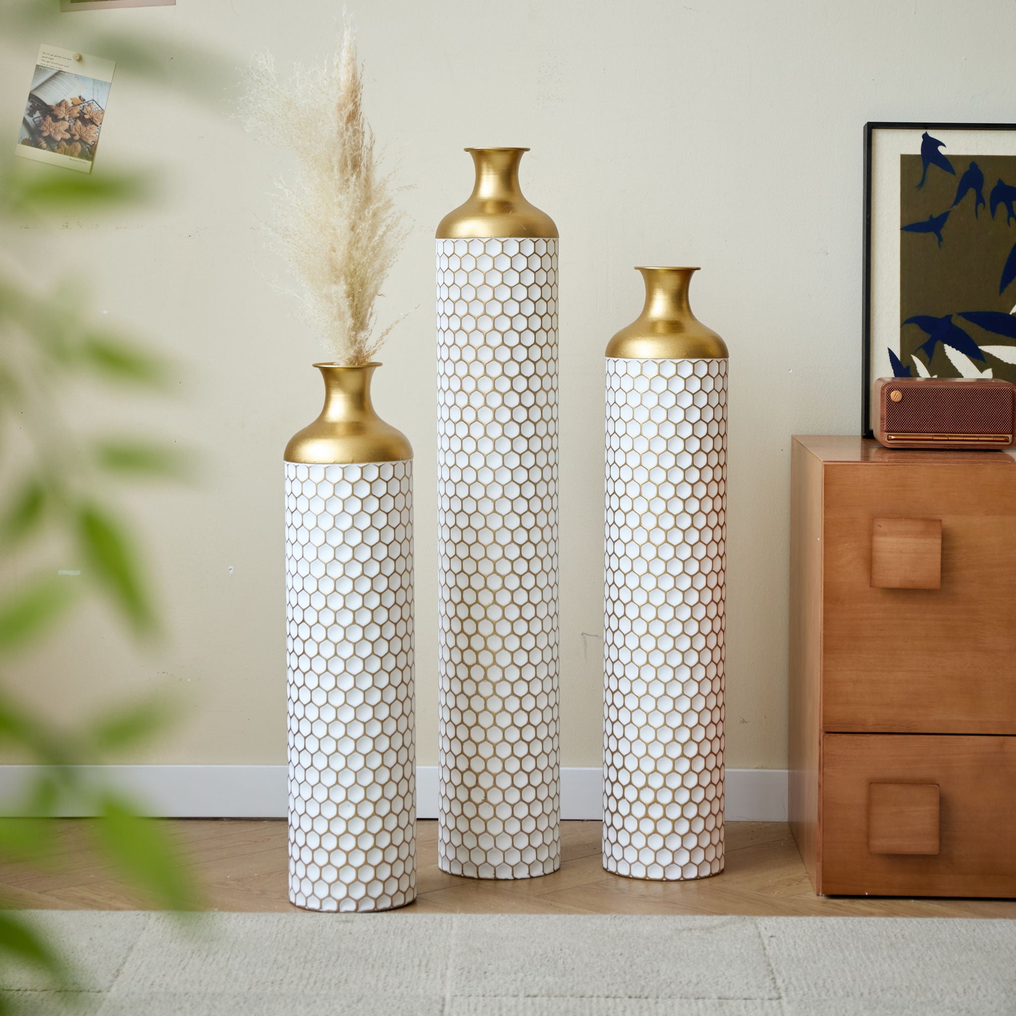 3 Piece Set Gorgeous Home Decoration Large Glazed Floor Vase Decoration Home Droplet Shaped - Gold / White