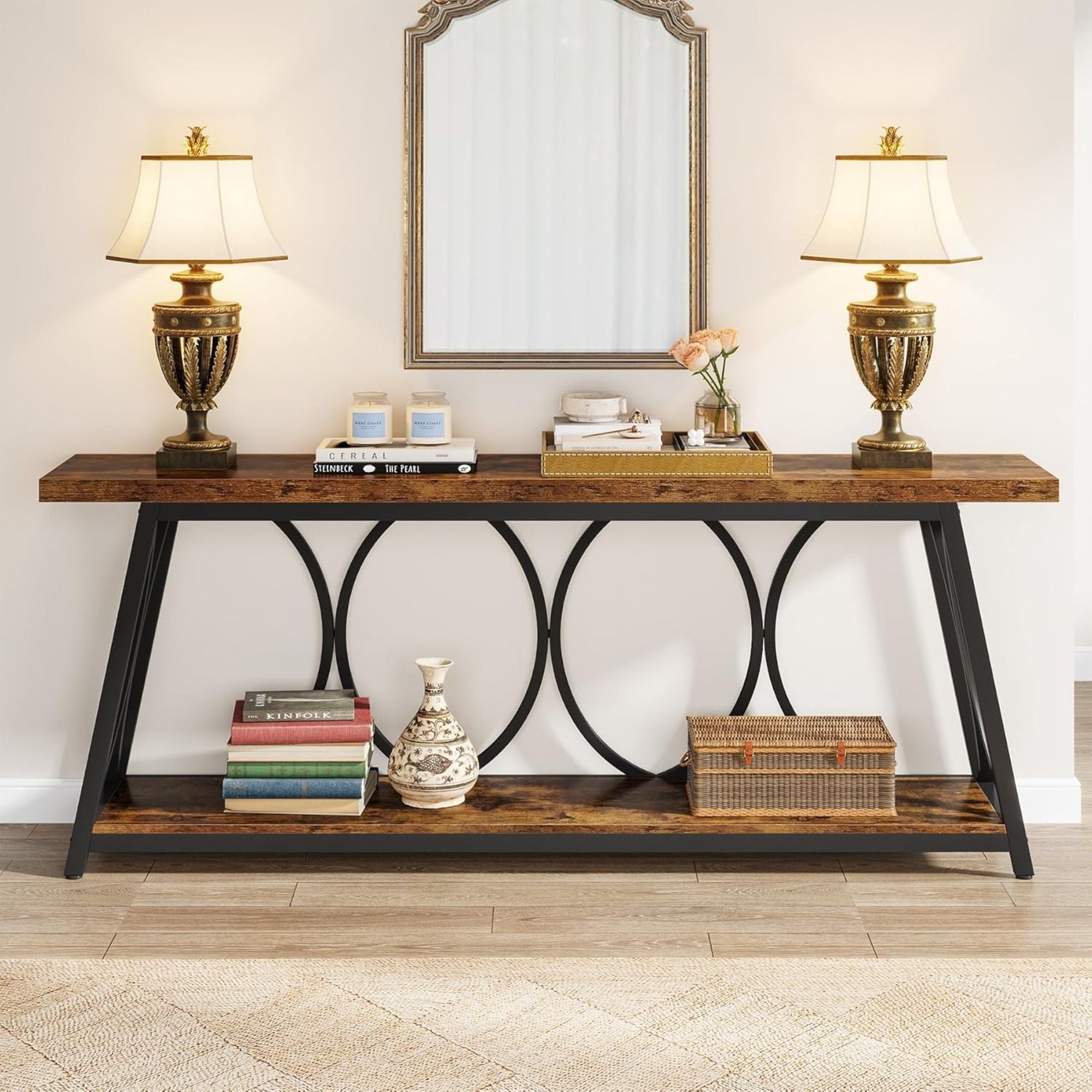 Extra Long Console Table With 2 Tier Storage Shelves For Living Entryway - Brown / Black
