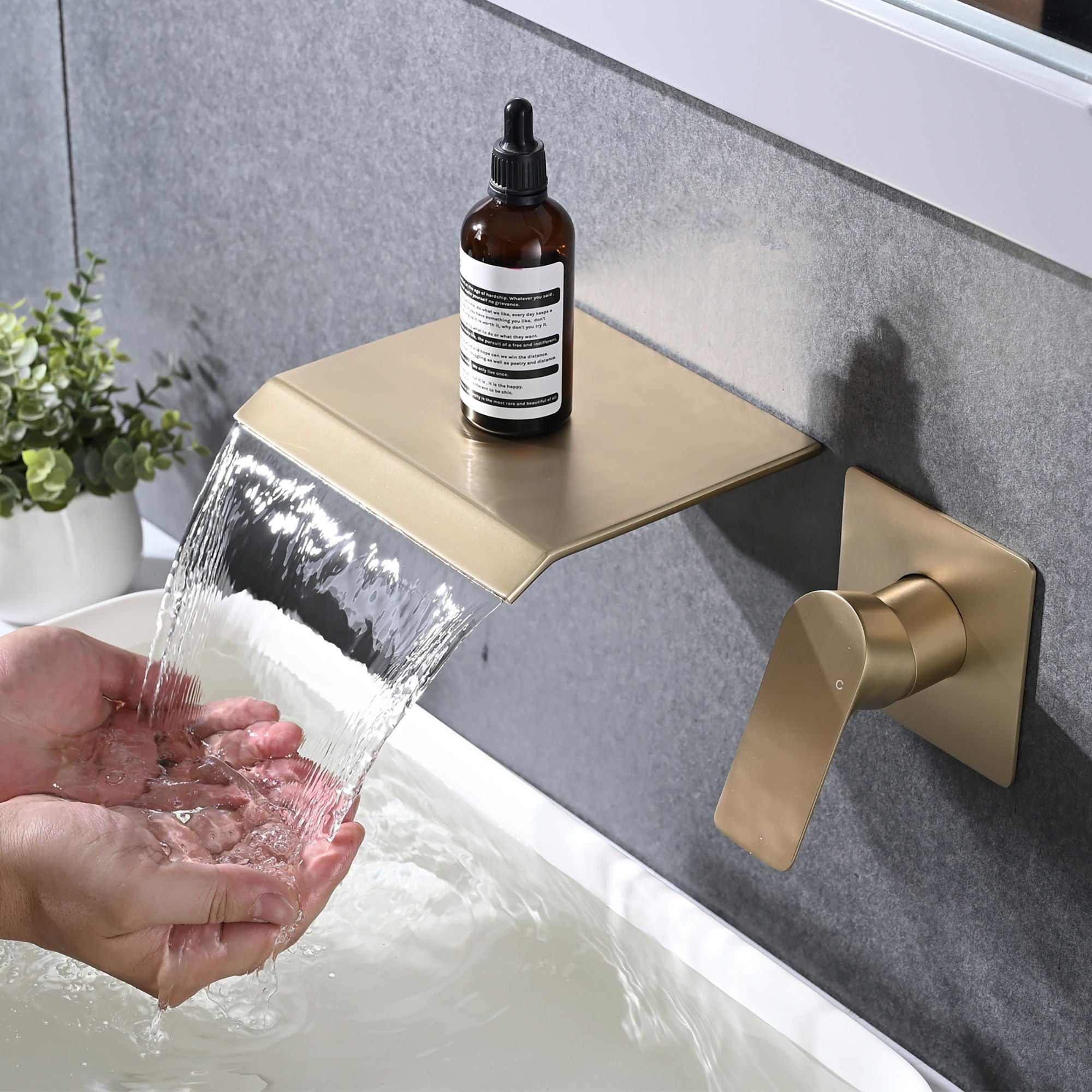 Modern Wall Mount Bathtub Faucet With Waterfall Spout And Single Handle Control - Brushed Gold