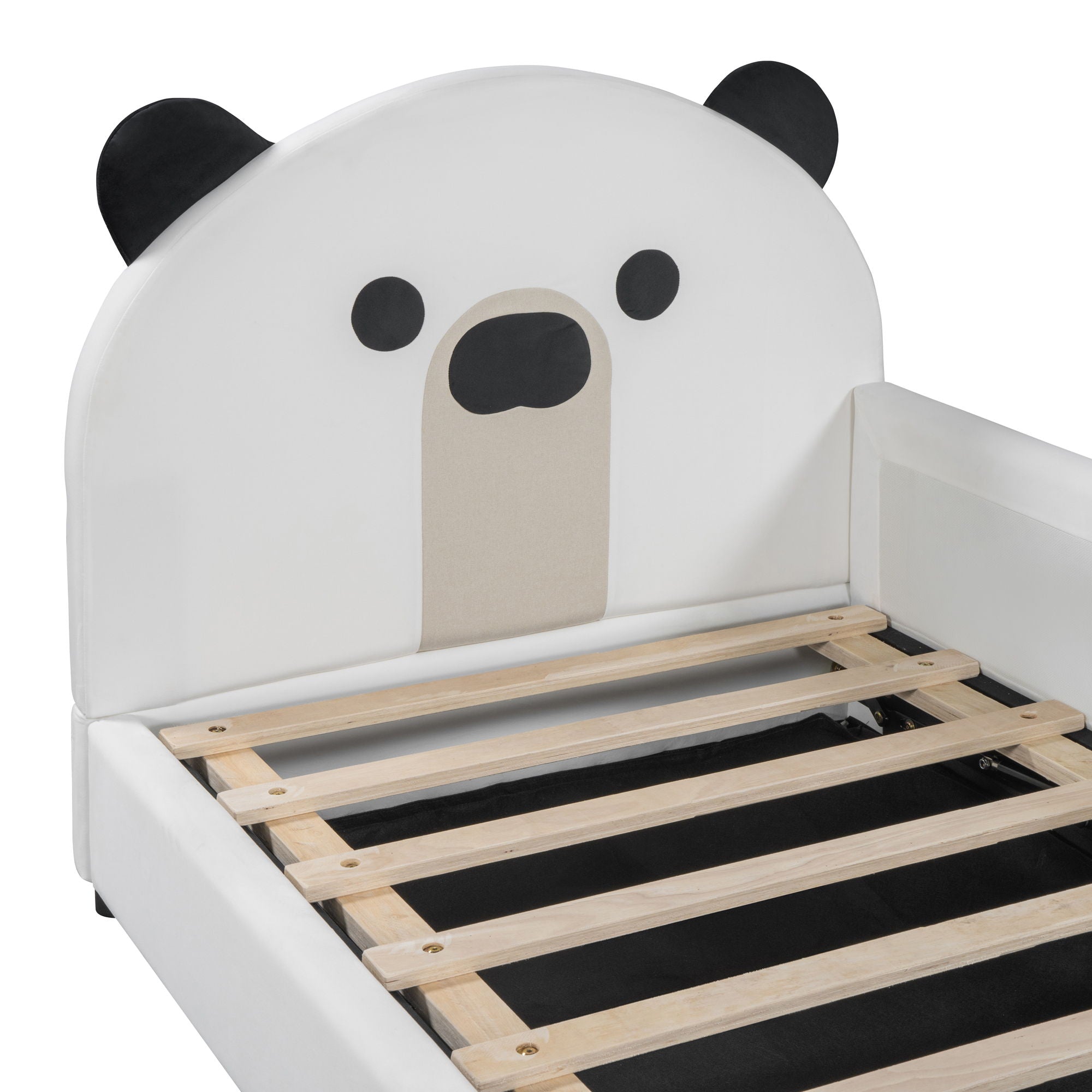 Upholstered Daybed With Bear Shaped Headboard, Hydraulic System And Breathable Mesh Fence