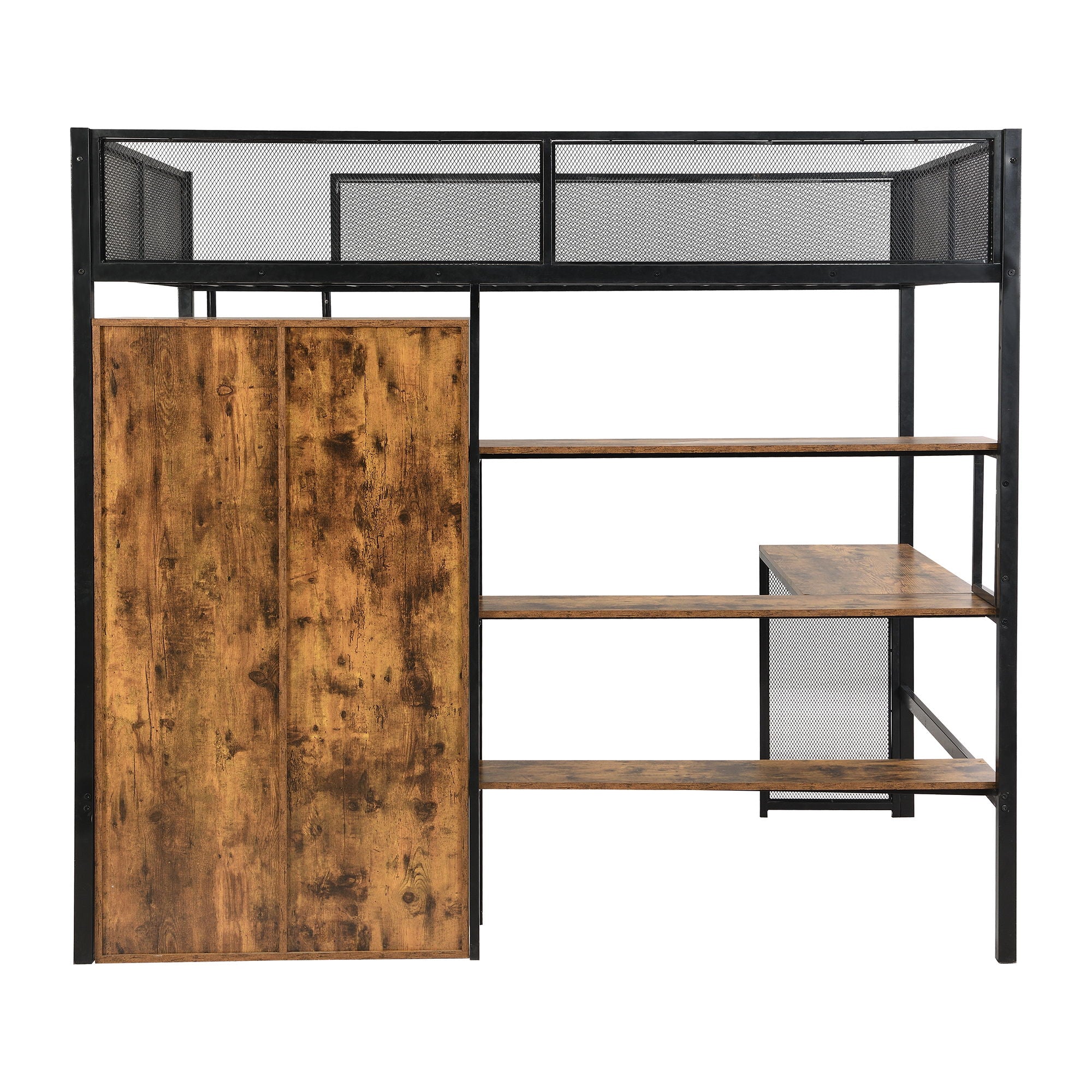 Full Size Loft Bed With Built In Desk, Wardrobe, And Shelves - Black