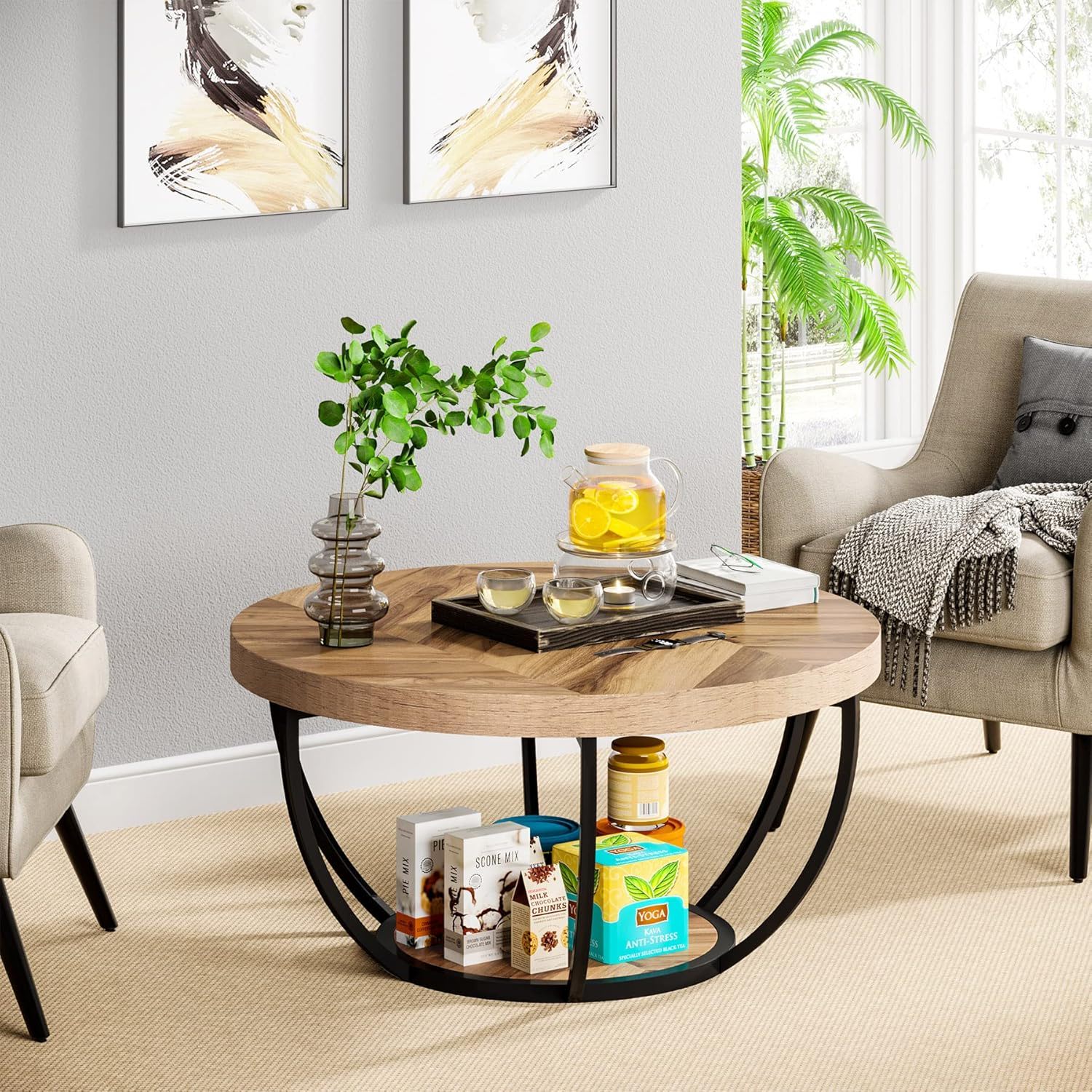 2 Tier Circle Coffee Table With Storage Shelves