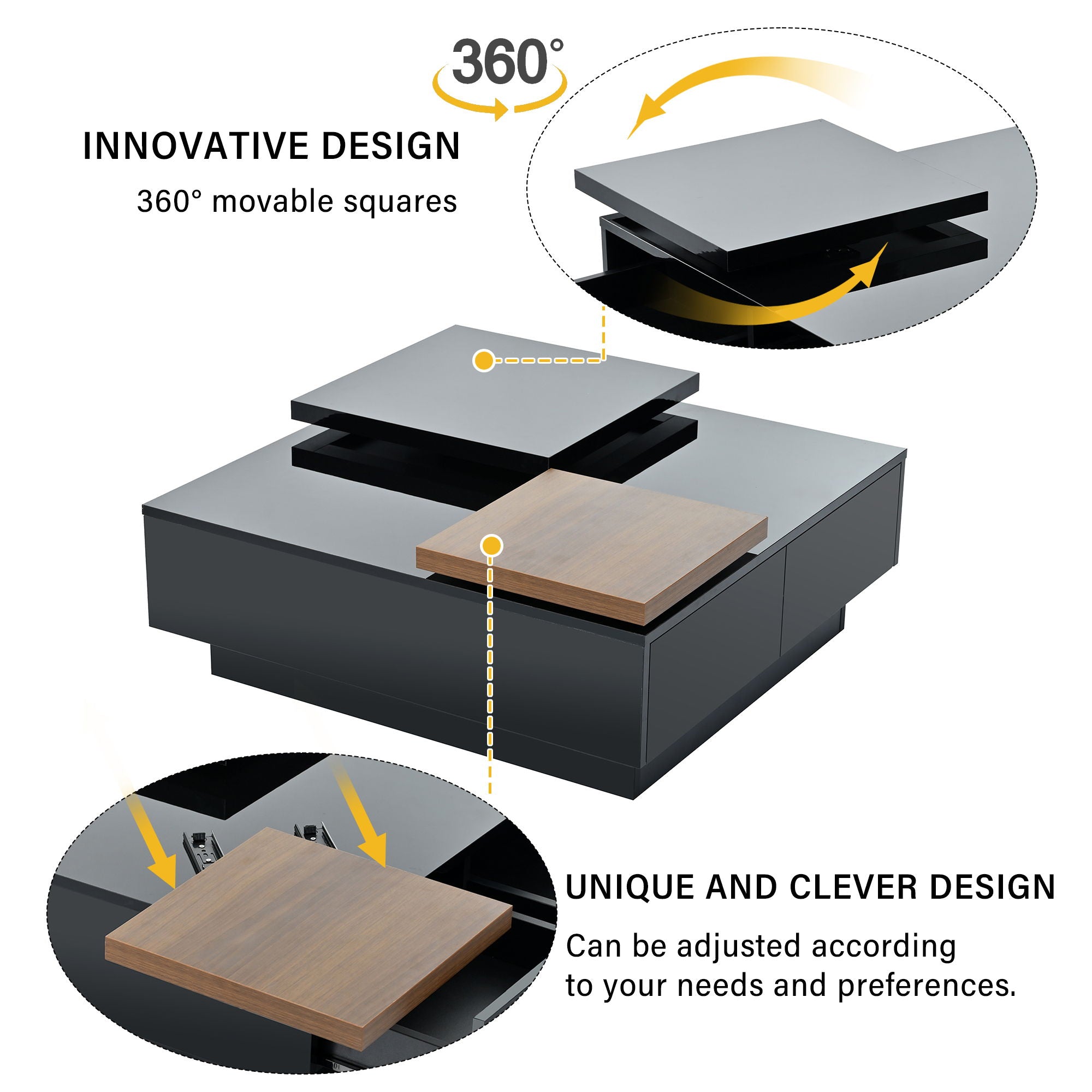 Movable Square Top Coffee Table With 4 Hidden Storage Drawers