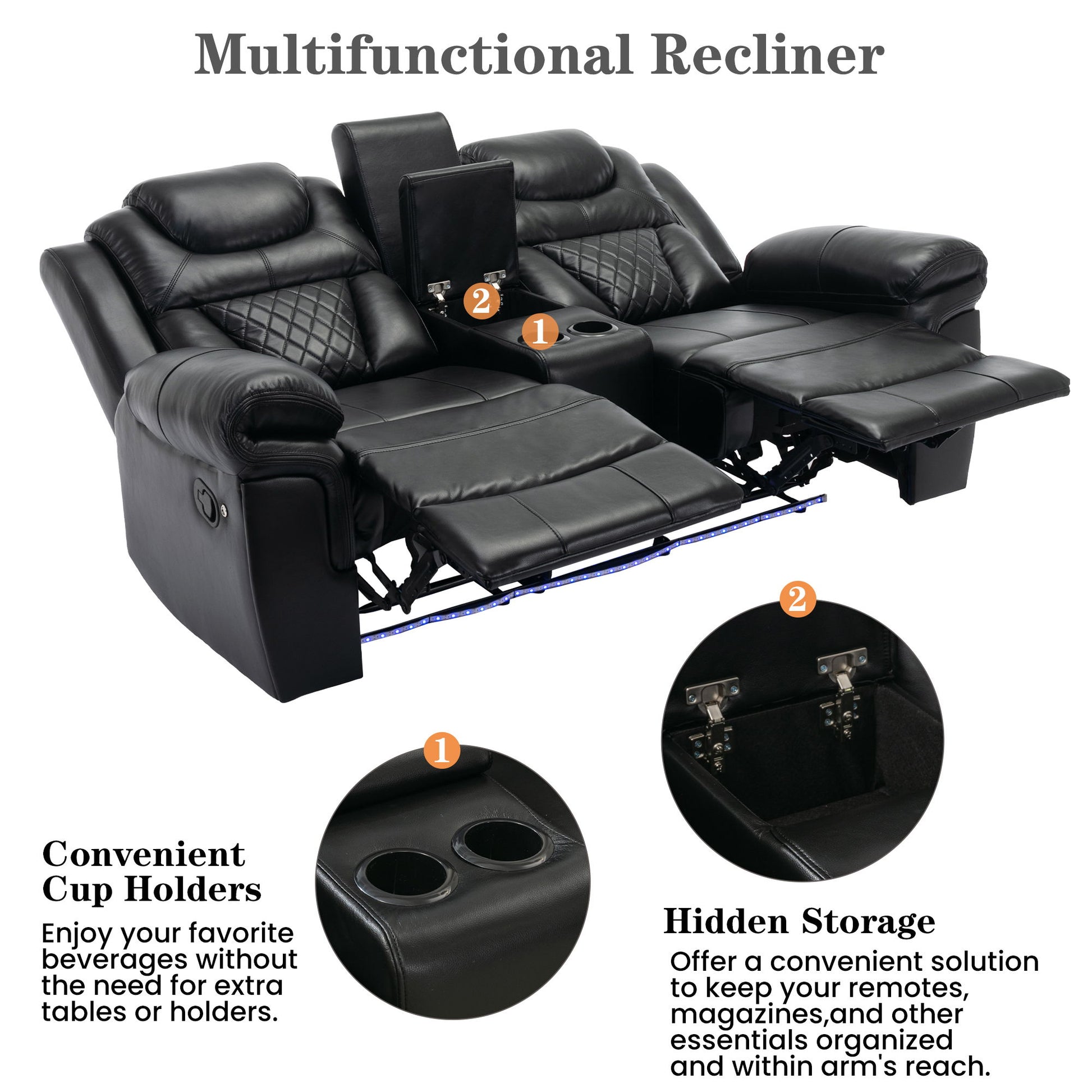 3 Pieces Recliner Sofa Sets Home Theater Seating Manual Recliner Chair With Center Console And LED Light Strip For Living Room - Best Buy Furniture
