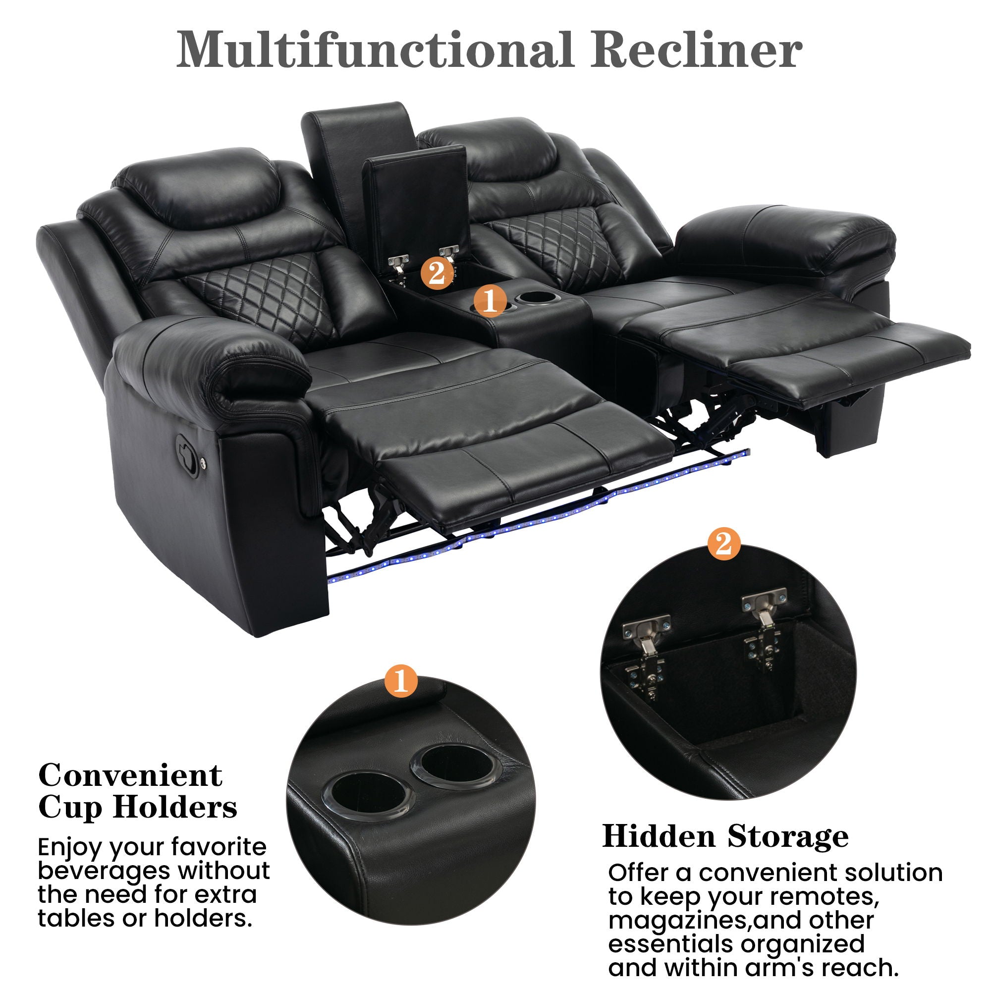 3 Pieces Recliner Sofa Sets Home Theater Seating Manual Recliner Chair With Center Console And LED Light Strip For Living Room
