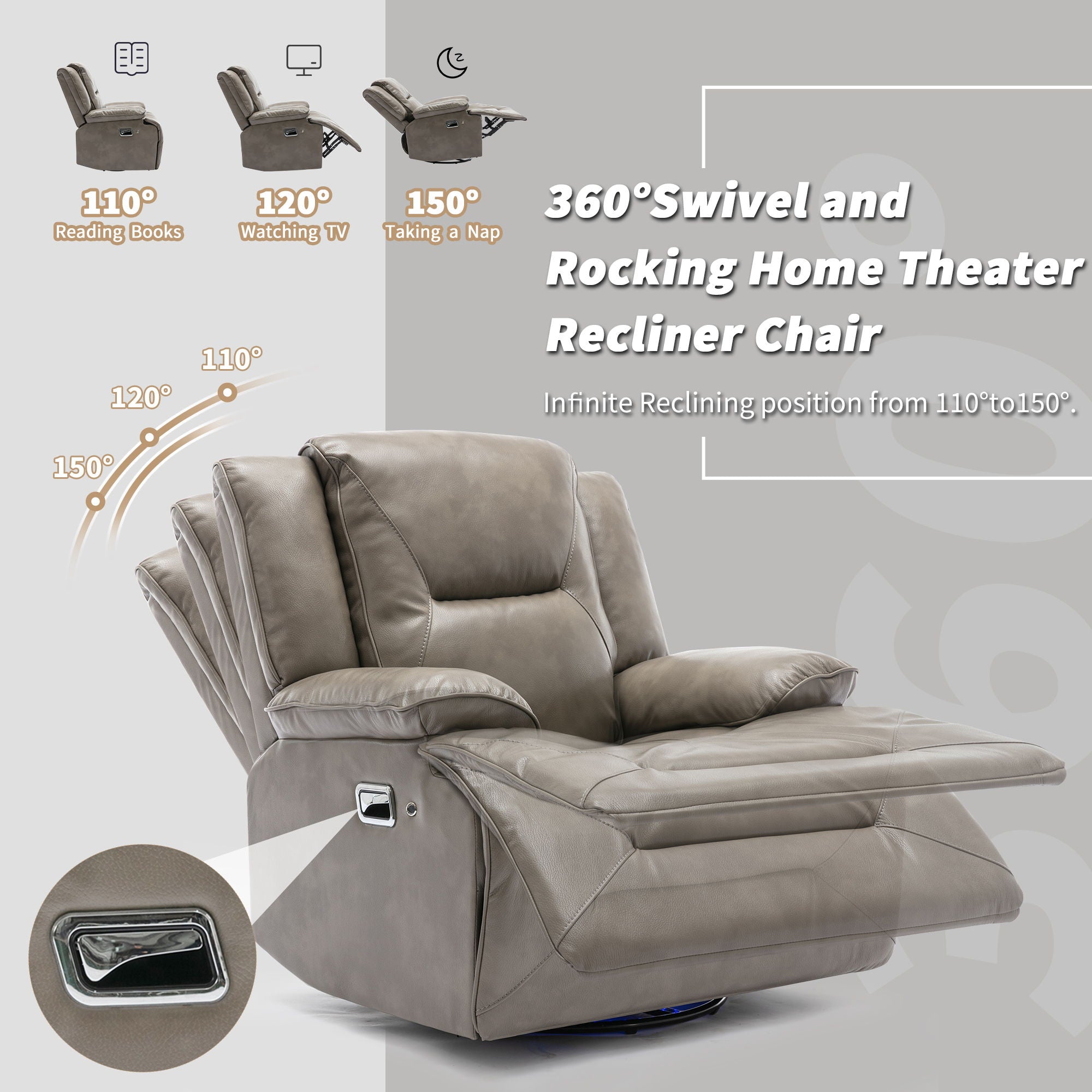 Home Theater Recliner Set Manual Recliner Chair With A LED Light Strip Two Built-In Cup Holders For Living Room
