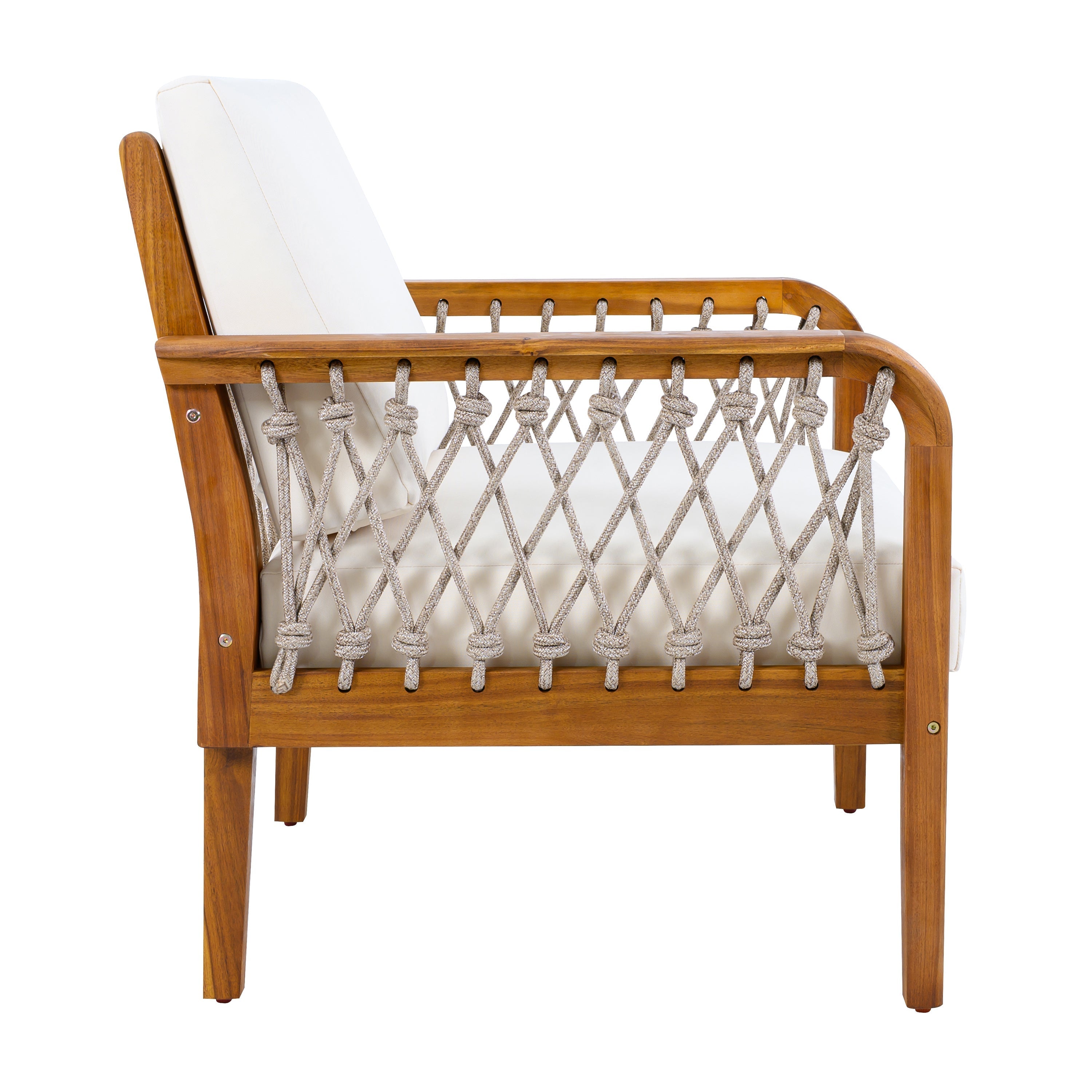 Outdoor Acacia Wood Club Chair with Handwoven Rope, Teak Finish