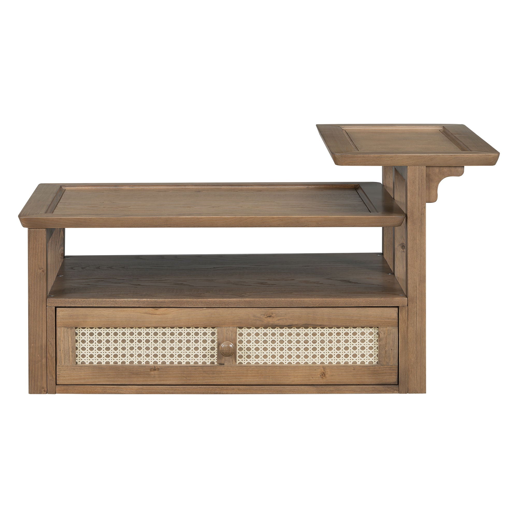 Coffee Table With 1 Storage Shelf, 2 Tabletops And 1 Rattan Drawer