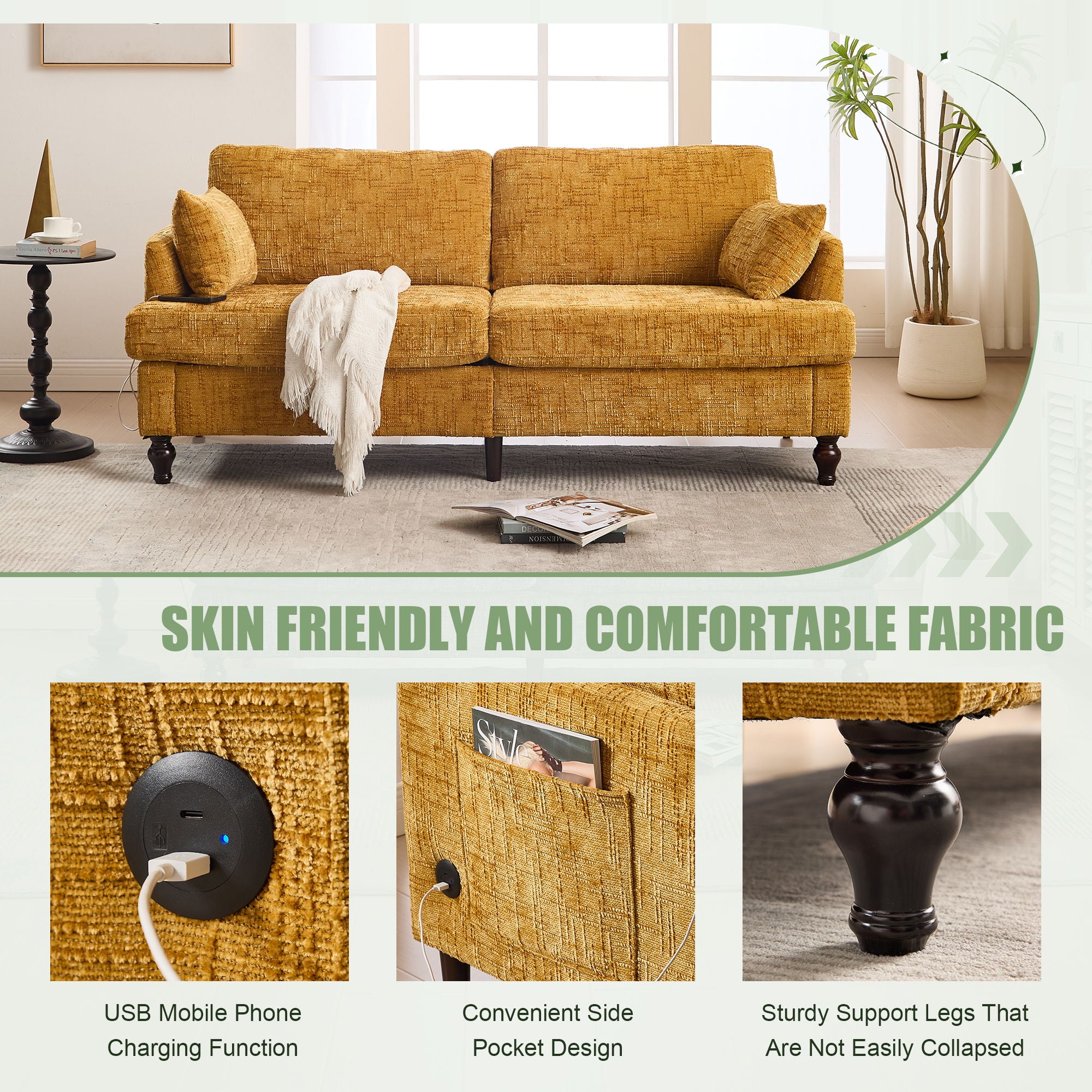 Chenille 2 Seater Sofa With LED Light, USB Charging Port, And Storage Bag