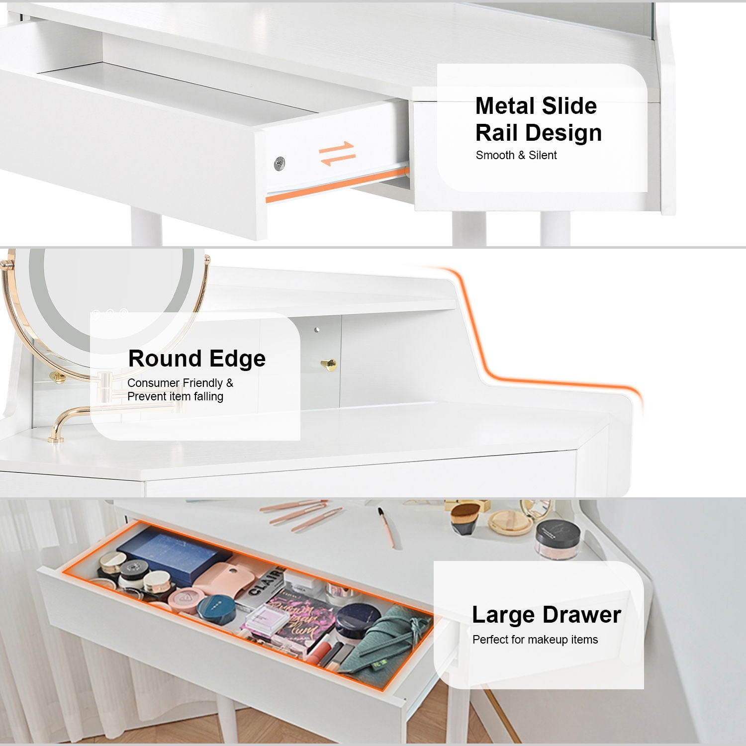 Modern Corner Makeup Vanity Desk With Large Storage, LED Mirror & Stool, Adjustable Brightness, Space Saving - White - Best Buy Furniture